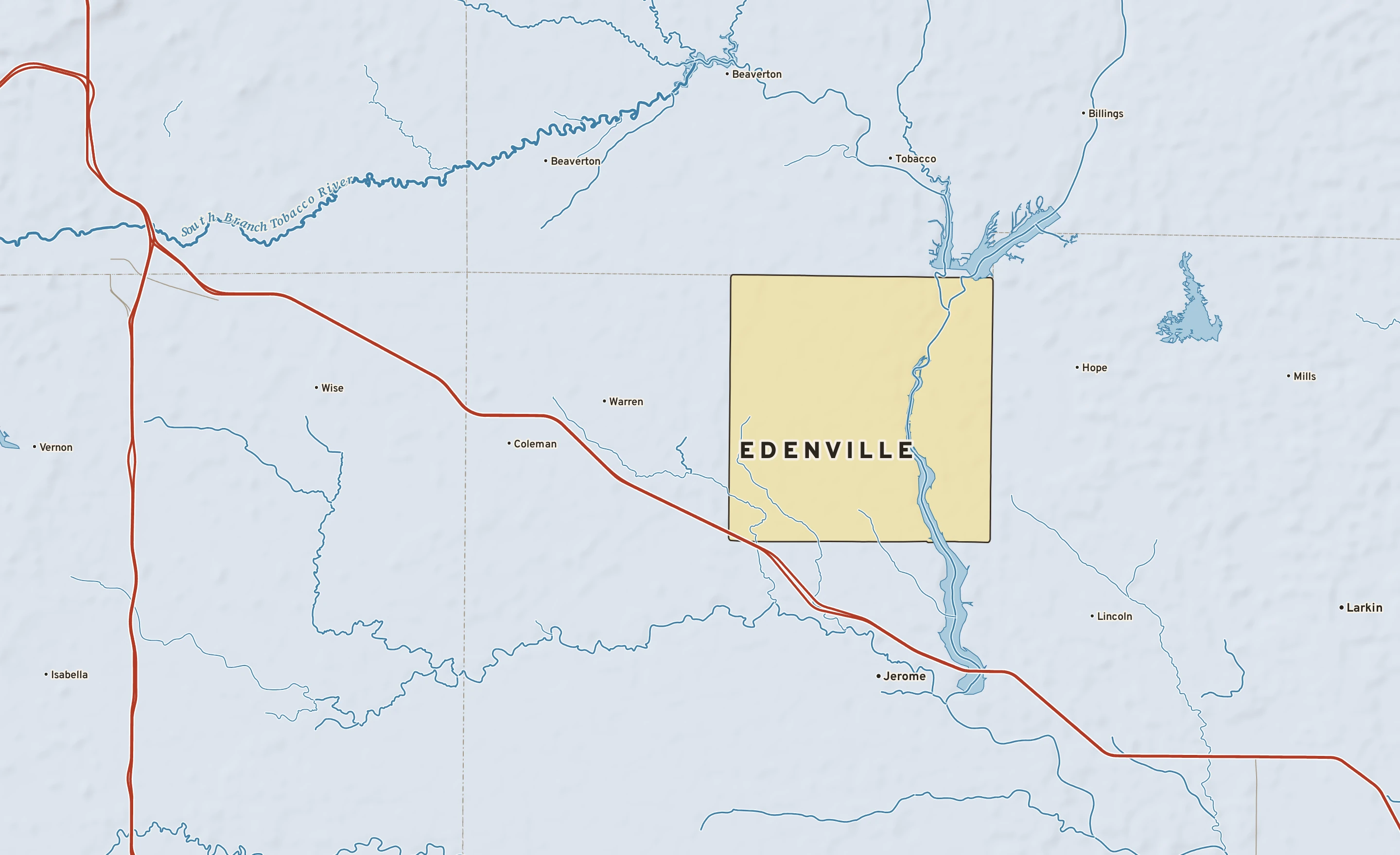 Shaded-relief atlas plate of Edenville, Michigan: rivers, roads, the city limits and where the water drains.