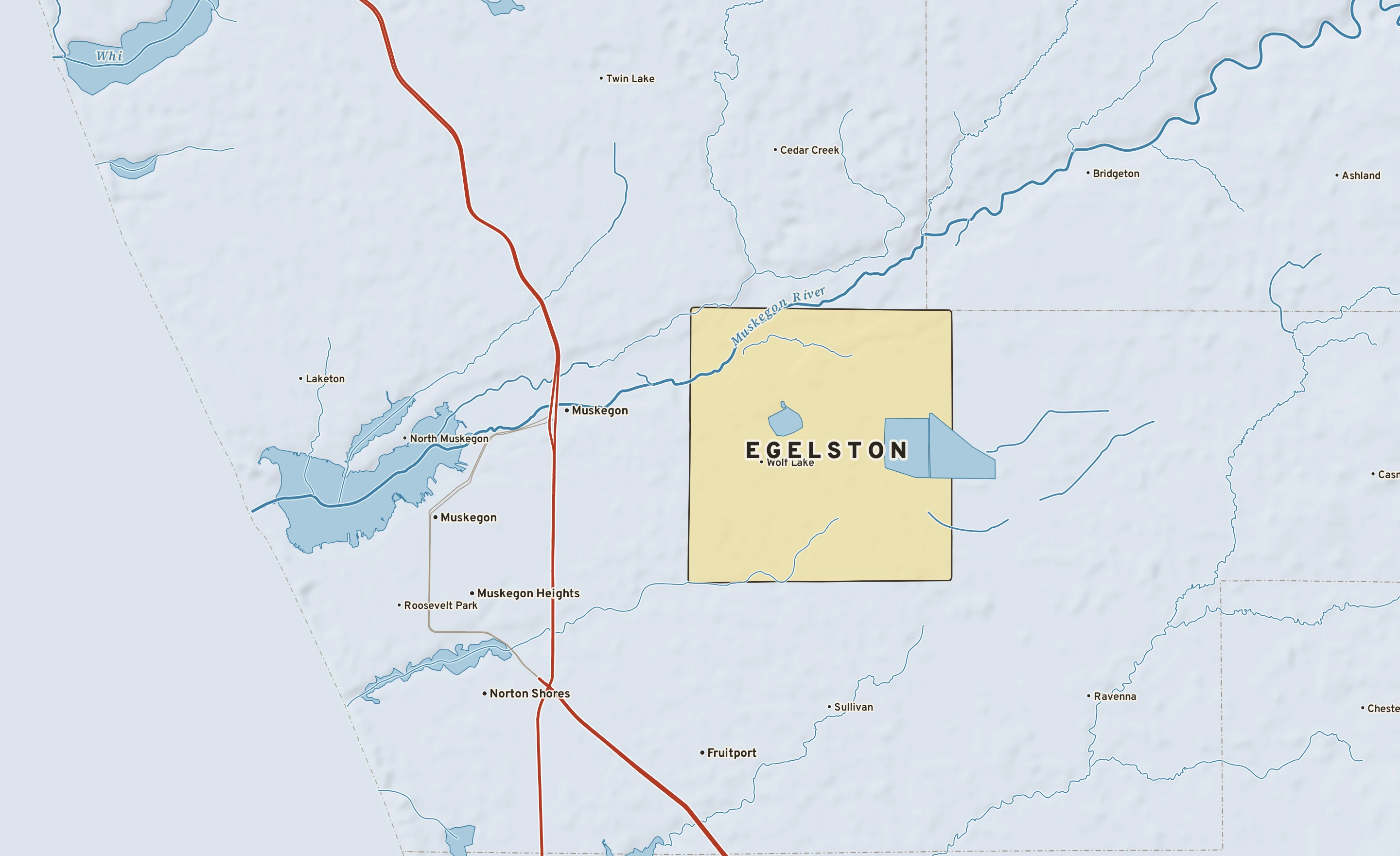 Shaded-relief atlas plate of Egelston, Michigan: rivers, roads, the city limits and where the water drains.