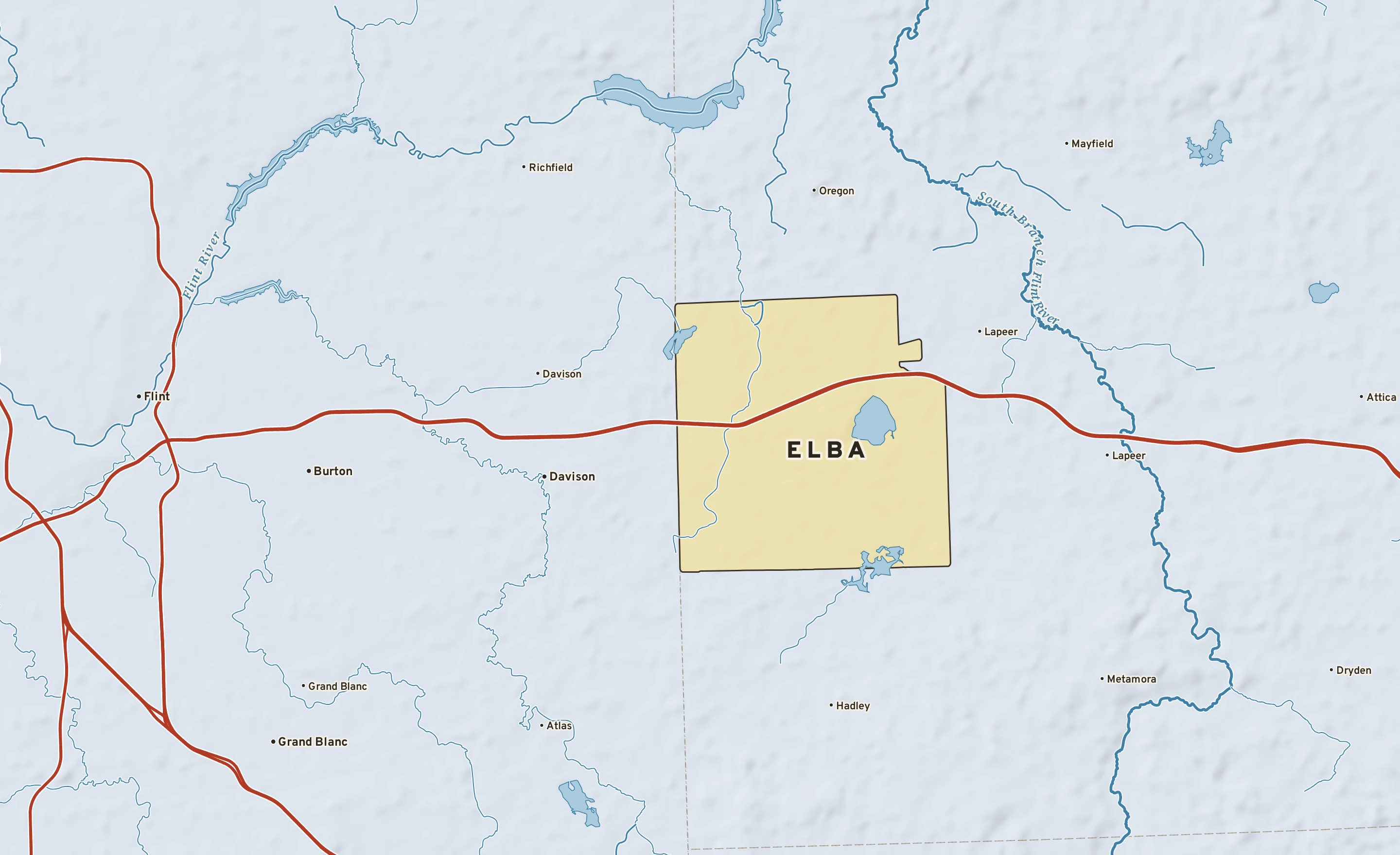 Shaded-relief atlas plate of Elba, Michigan: rivers, roads, the city limits and where the water drains.