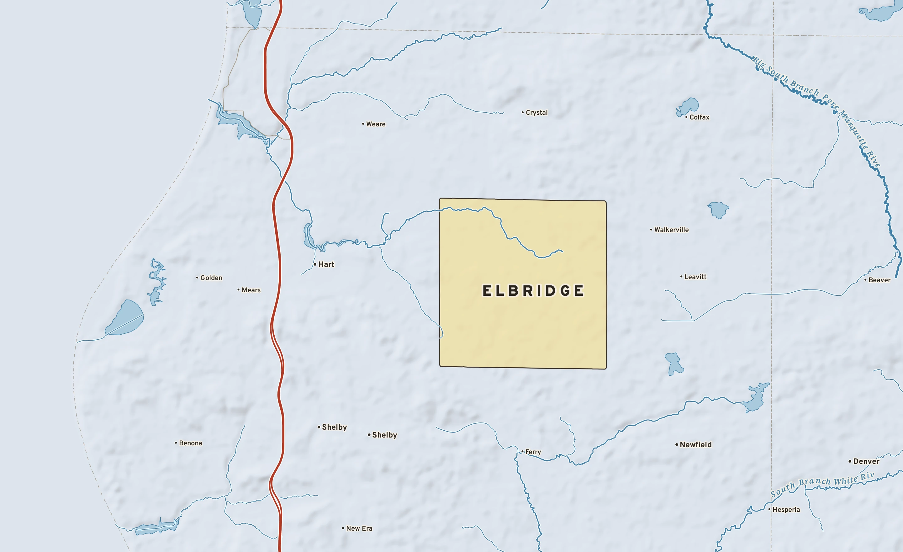 Shaded-relief atlas plate of Elbridge, Michigan: rivers, roads, the city limits and where the water drains.