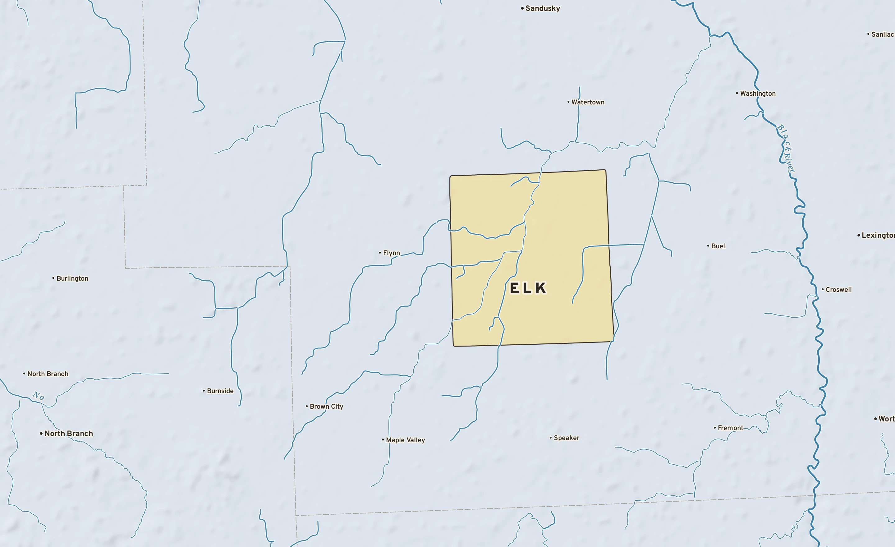 Shaded-relief atlas plate of Elk, Michigan: rivers, roads, the city limits and where the water drains.