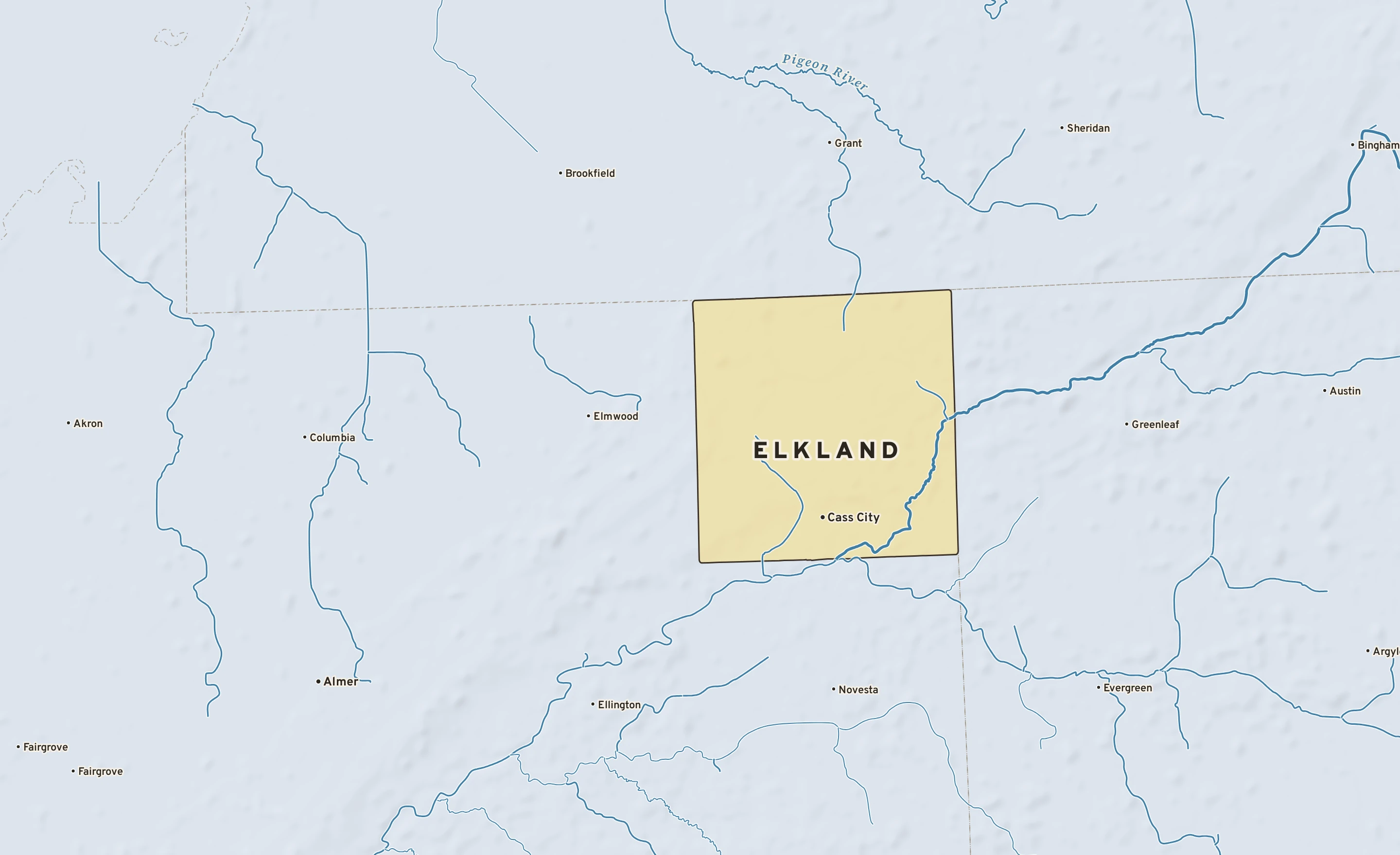 Shaded-relief atlas plate of Elkland, Michigan: rivers, roads, the city limits and where the water drains.