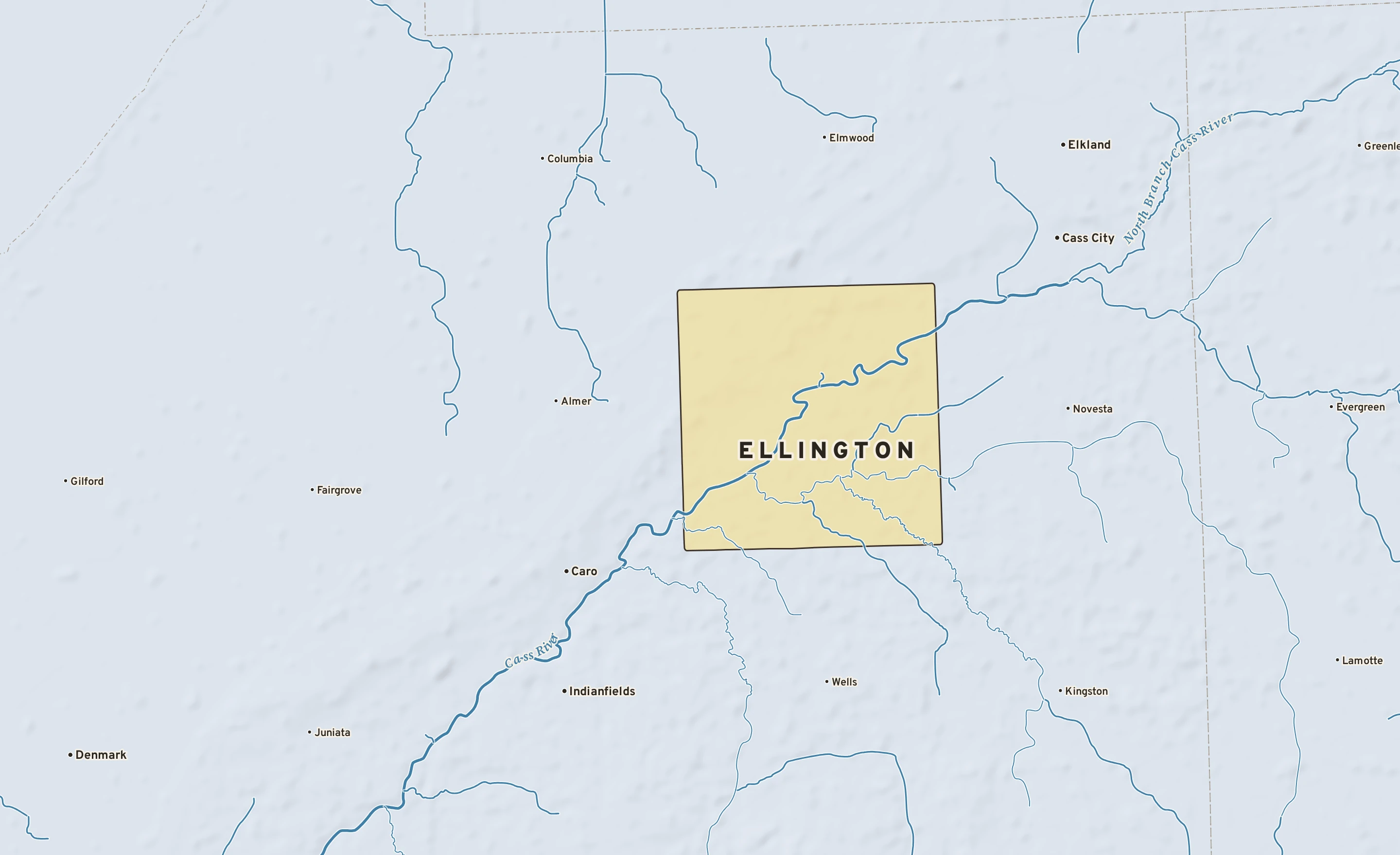Shaded-relief atlas plate of Ellington, Michigan: rivers, roads, the city limits and where the water drains.