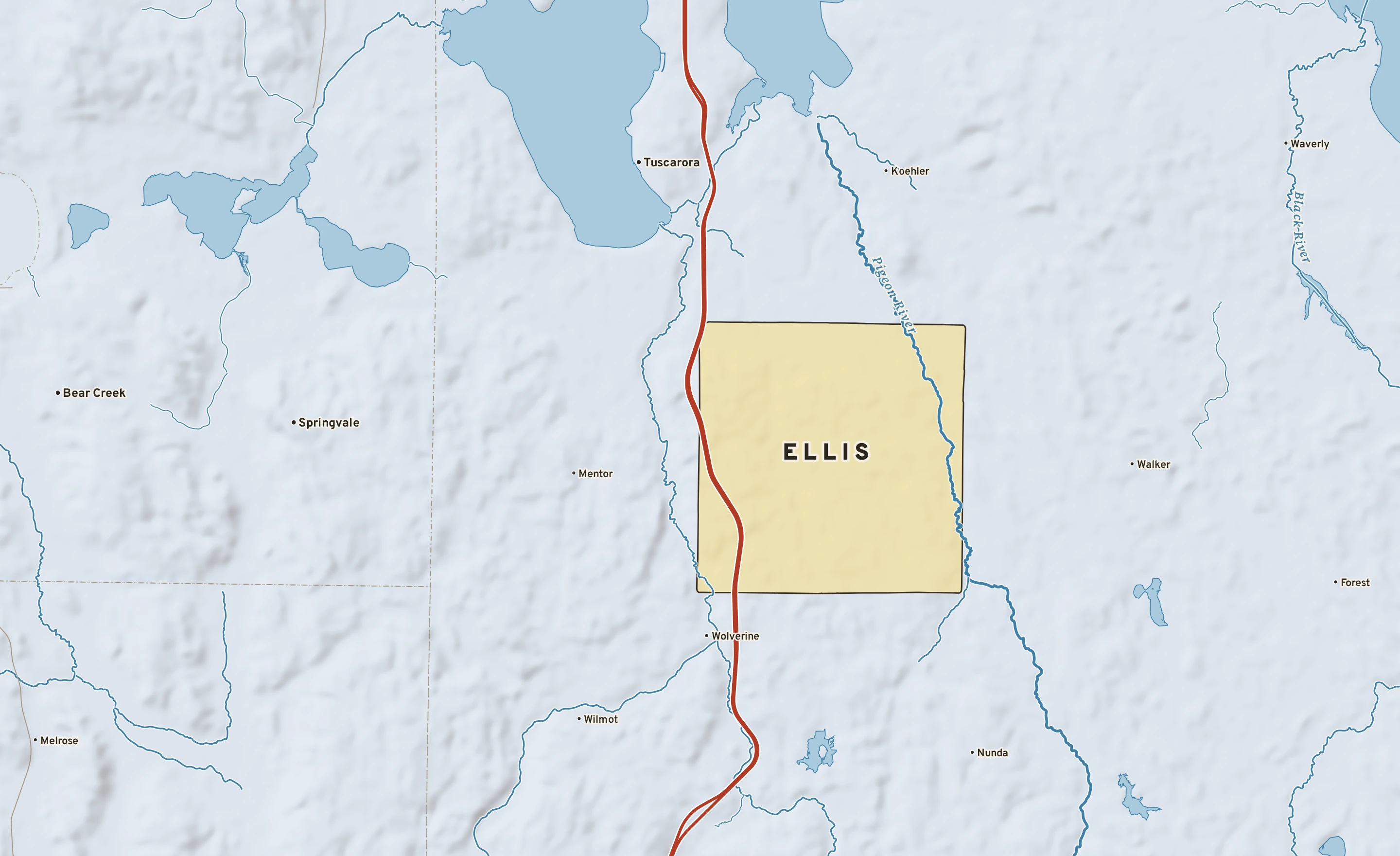 Shaded-relief atlas plate of Ellis, Michigan: rivers, roads, the city limits and where the water drains.