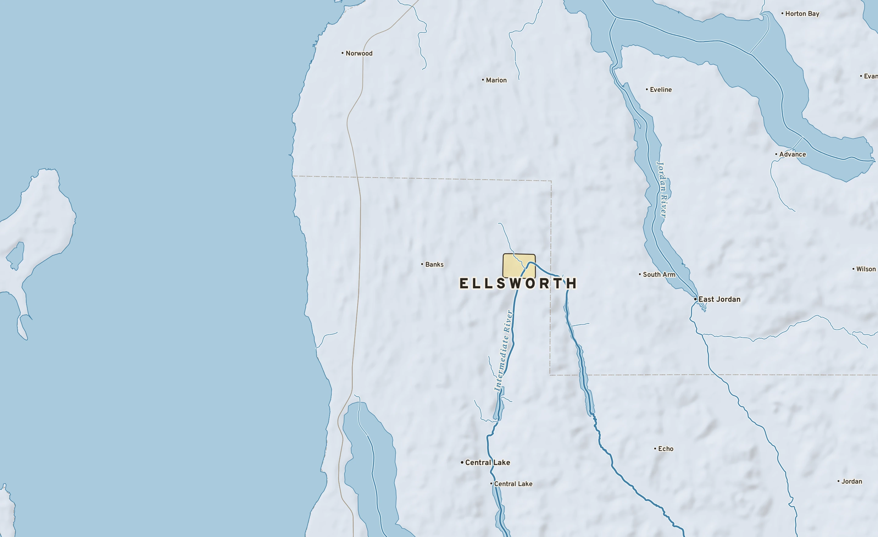Shaded-relief atlas plate of Ellsworth, Michigan: rivers, roads, the city limits and where the water drains.