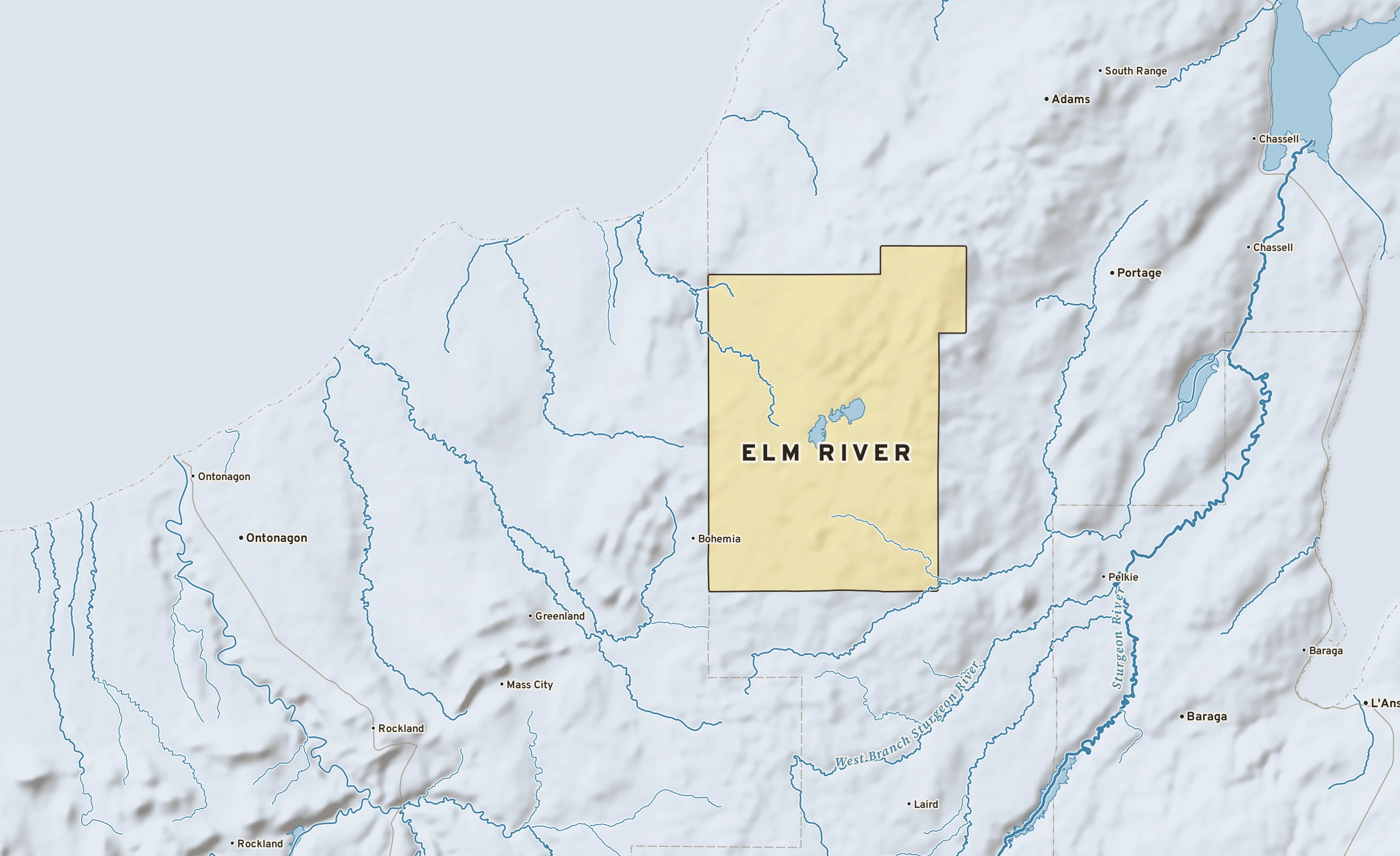 Shaded-relief atlas plate of Elm River, Michigan: rivers, roads, the city limits and where the water drains.
