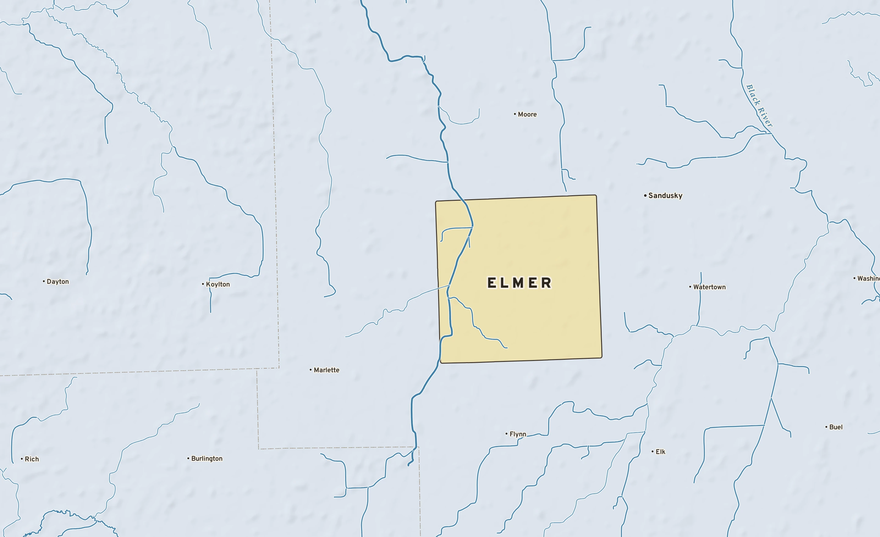 Shaded-relief atlas plate of Elmer, Michigan: rivers, roads, the city limits and where the water drains.