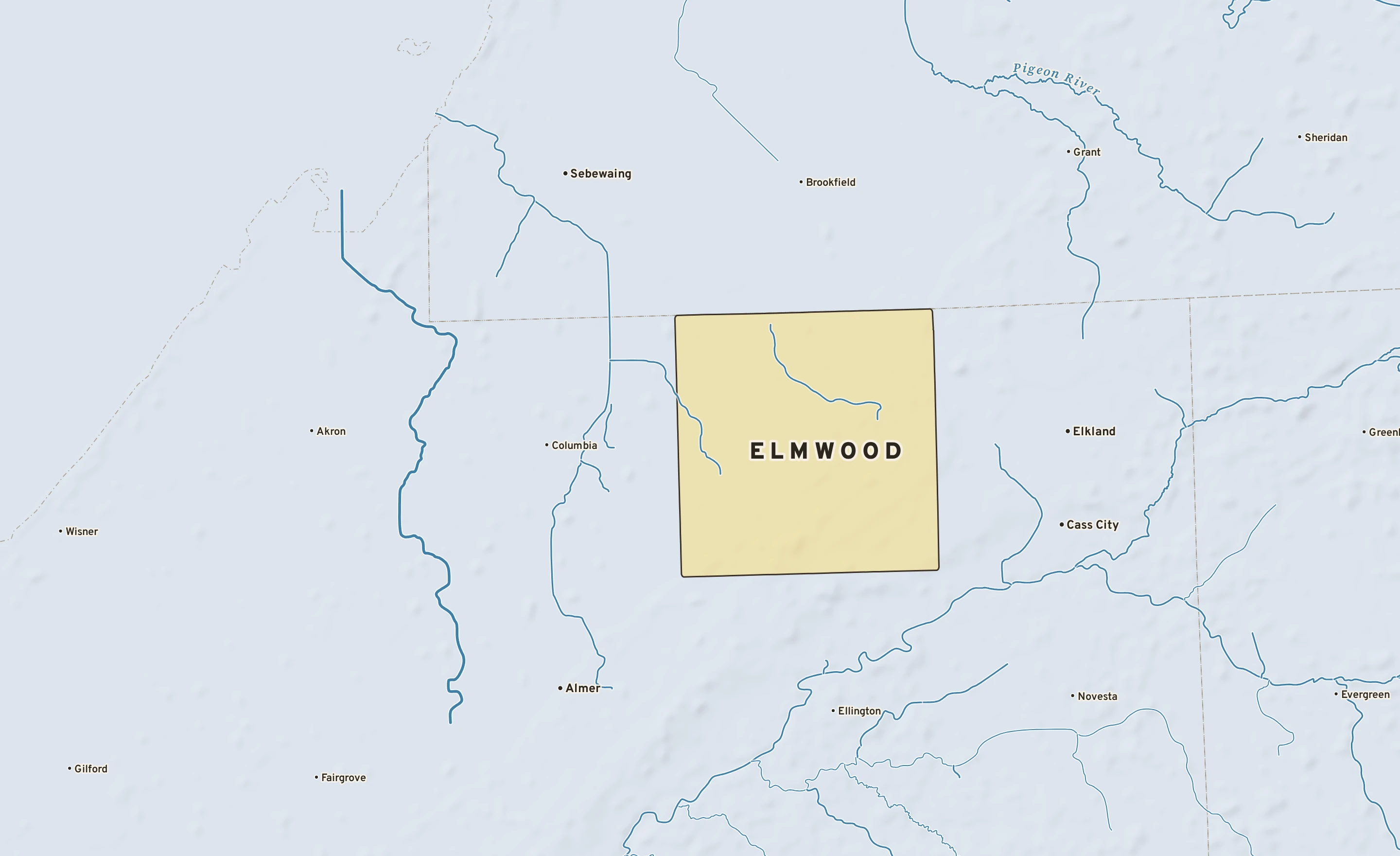 Shaded-relief atlas plate of Elmwood, Michigan: rivers, roads, the city limits and where the water drains.