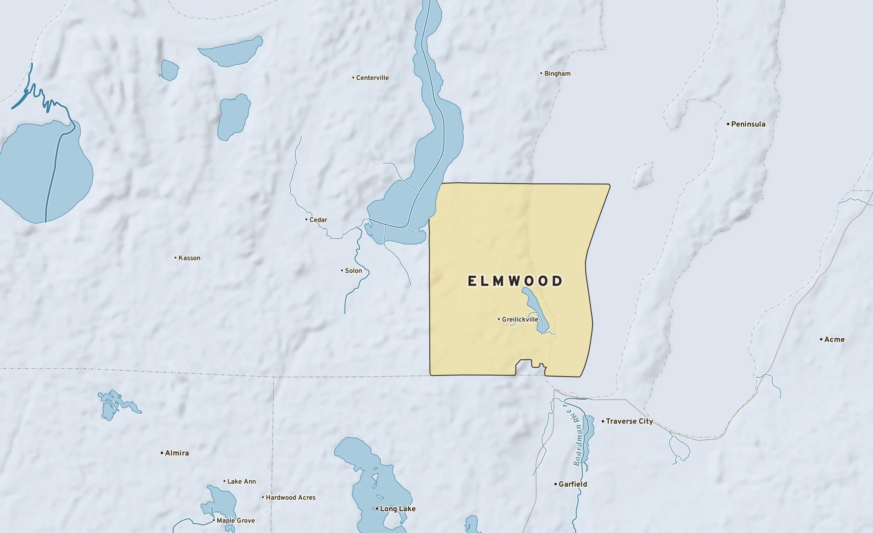 Shaded-relief atlas plate of Elmwood, Michigan: rivers, roads, the city limits and where the water drains.