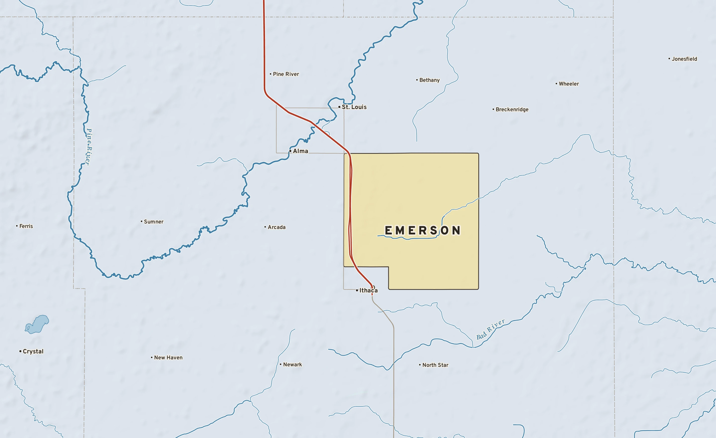 Shaded-relief atlas plate of Emerson, Michigan: rivers, roads, the city limits and where the water drains.