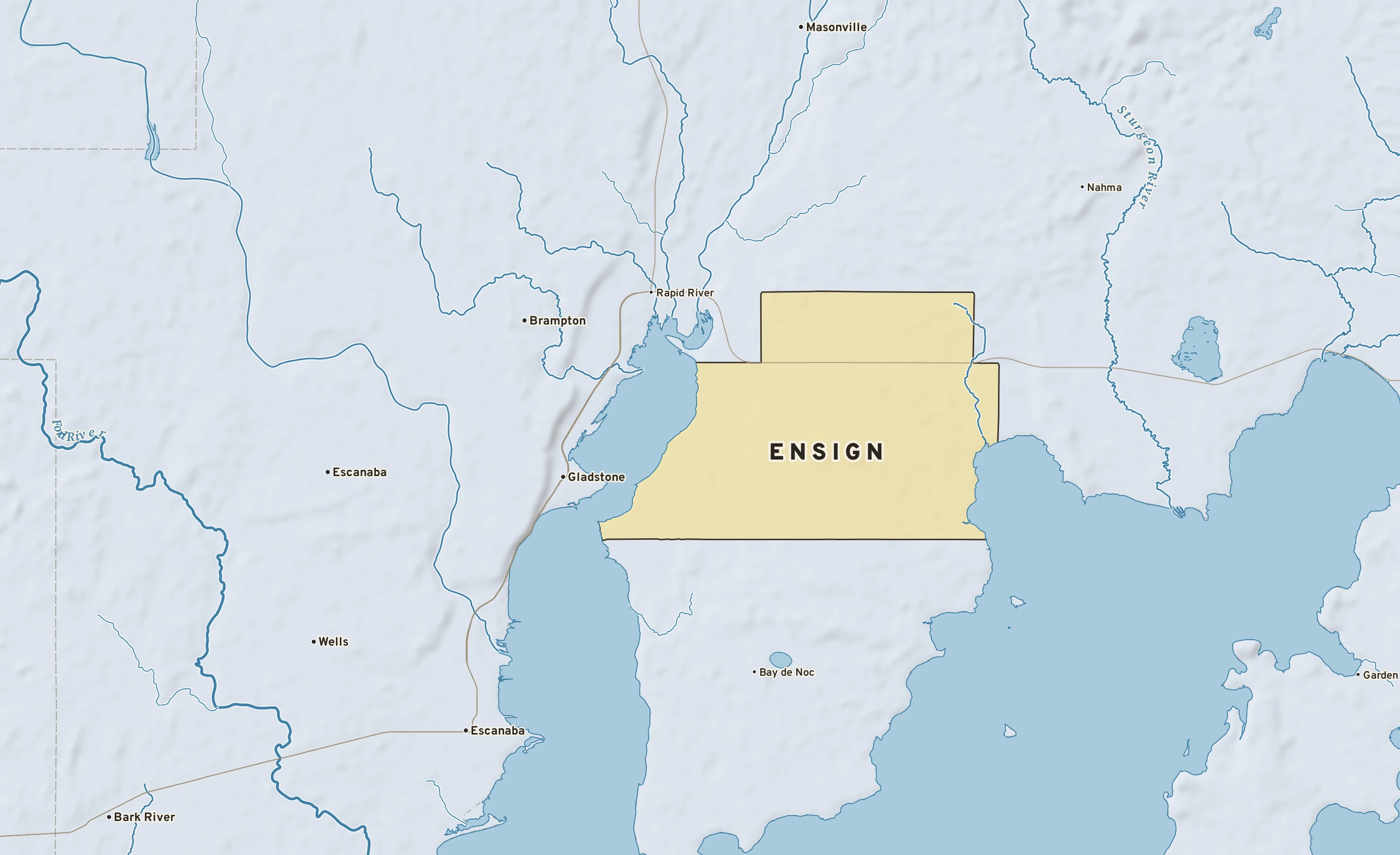 Shaded-relief atlas plate of Ensign, Michigan: rivers, roads, the city limits and where the water drains.