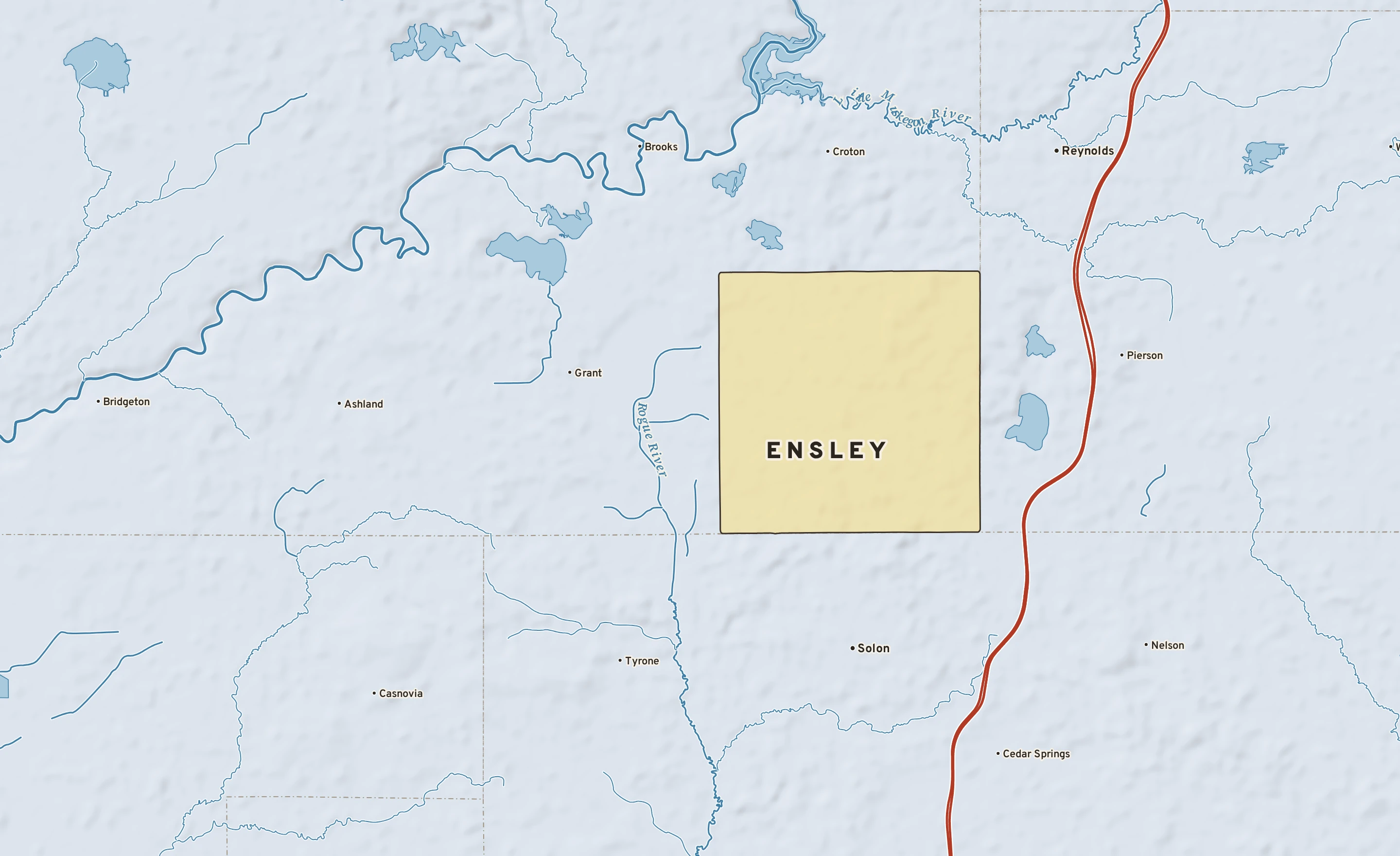 Shaded-relief atlas plate of Ensley, Michigan: rivers, roads, the city limits and where the water drains.