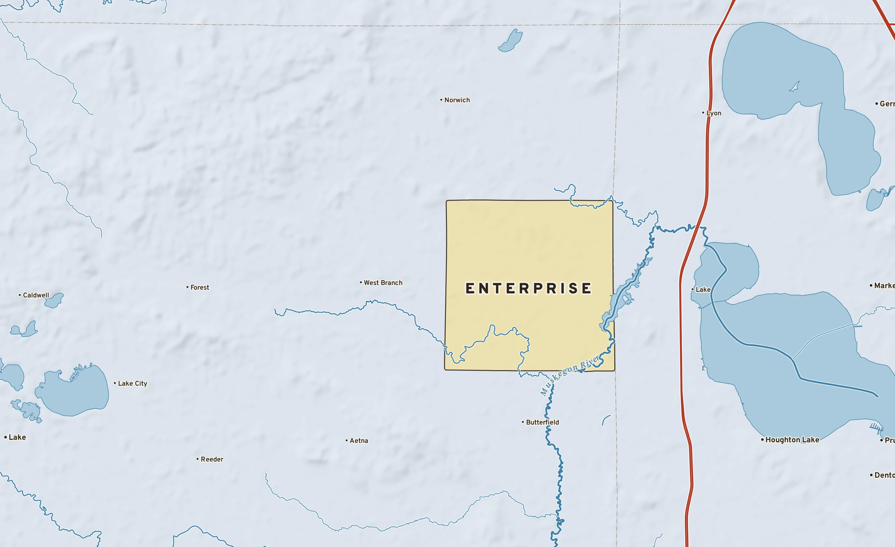 Shaded-relief atlas plate of Enterprise, Michigan: rivers, roads, the city limits and where the water drains.