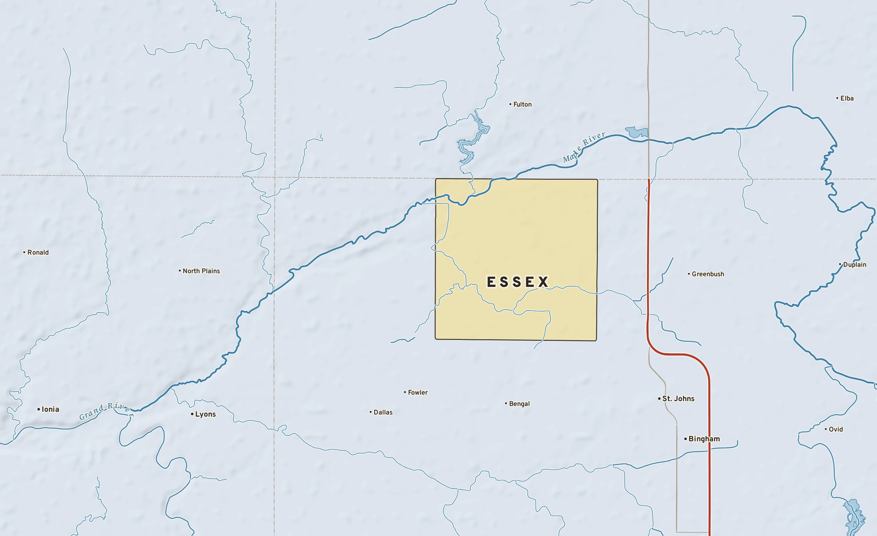 Shaded-relief atlas plate of Essex, Michigan: rivers, roads, the city limits and where the water drains.