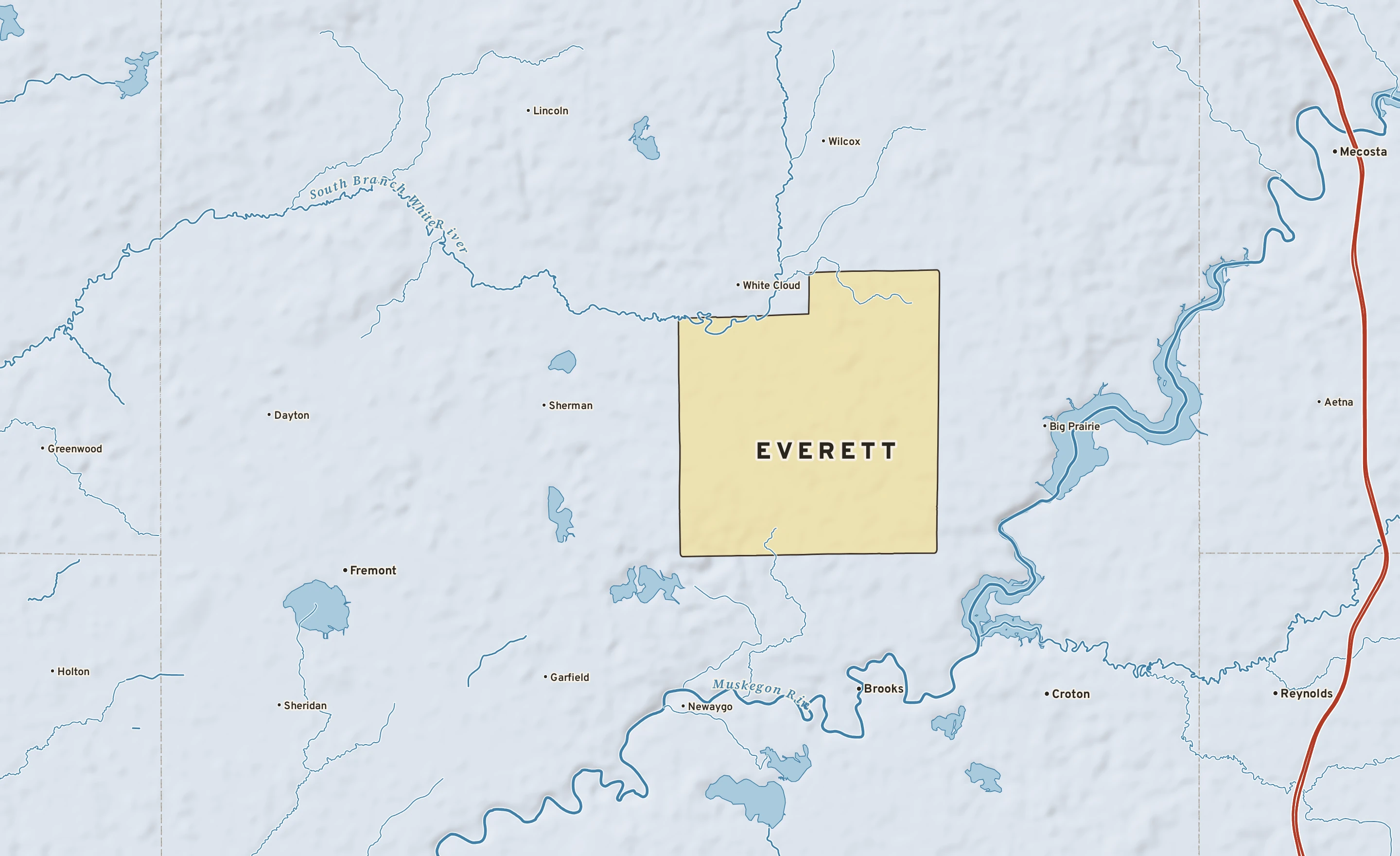 Shaded-relief atlas plate of Everett, Michigan: rivers, roads, the city limits and where the water drains.