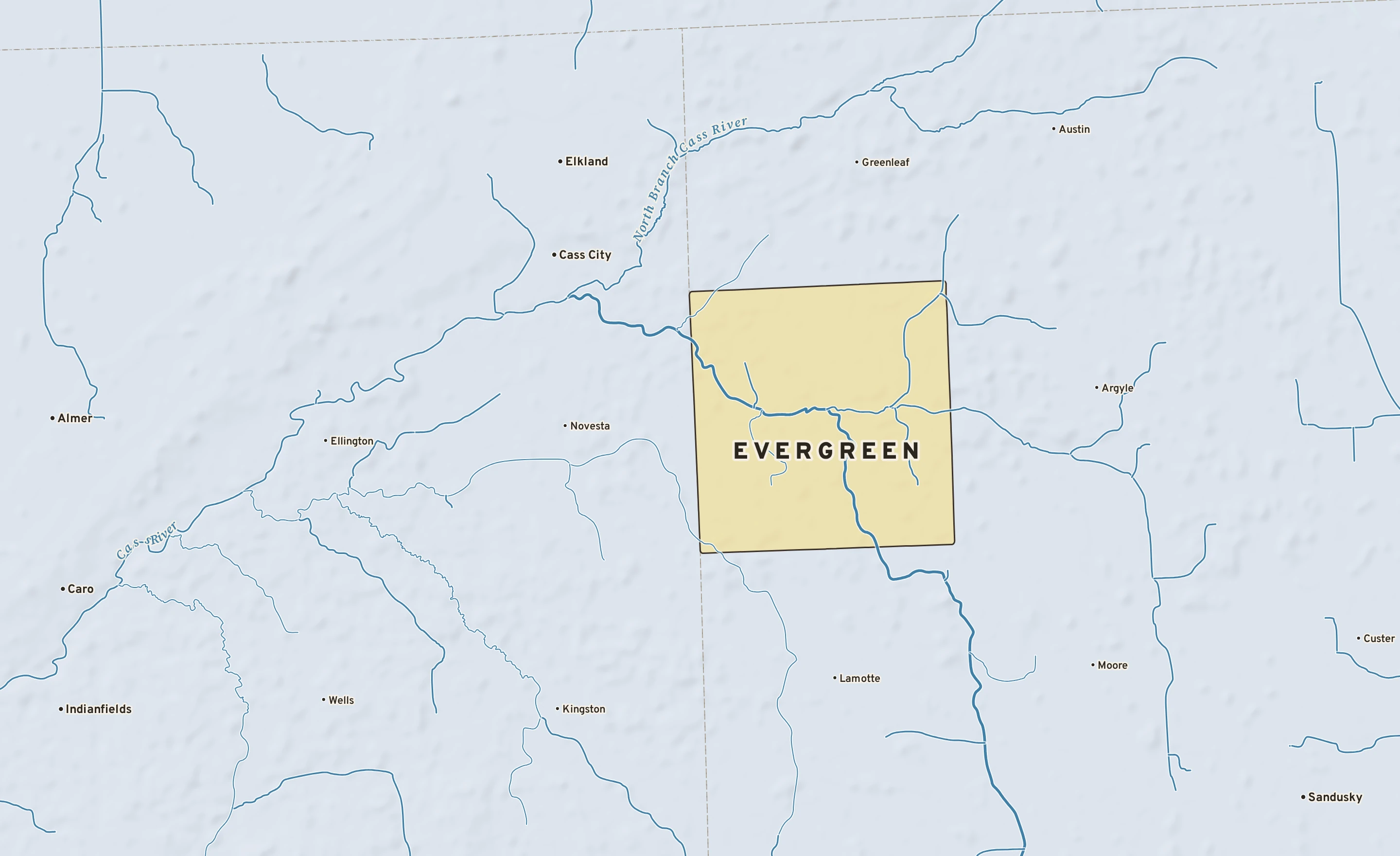 Shaded-relief atlas plate of Evergreen, Michigan: rivers, roads, the city limits and where the water drains.