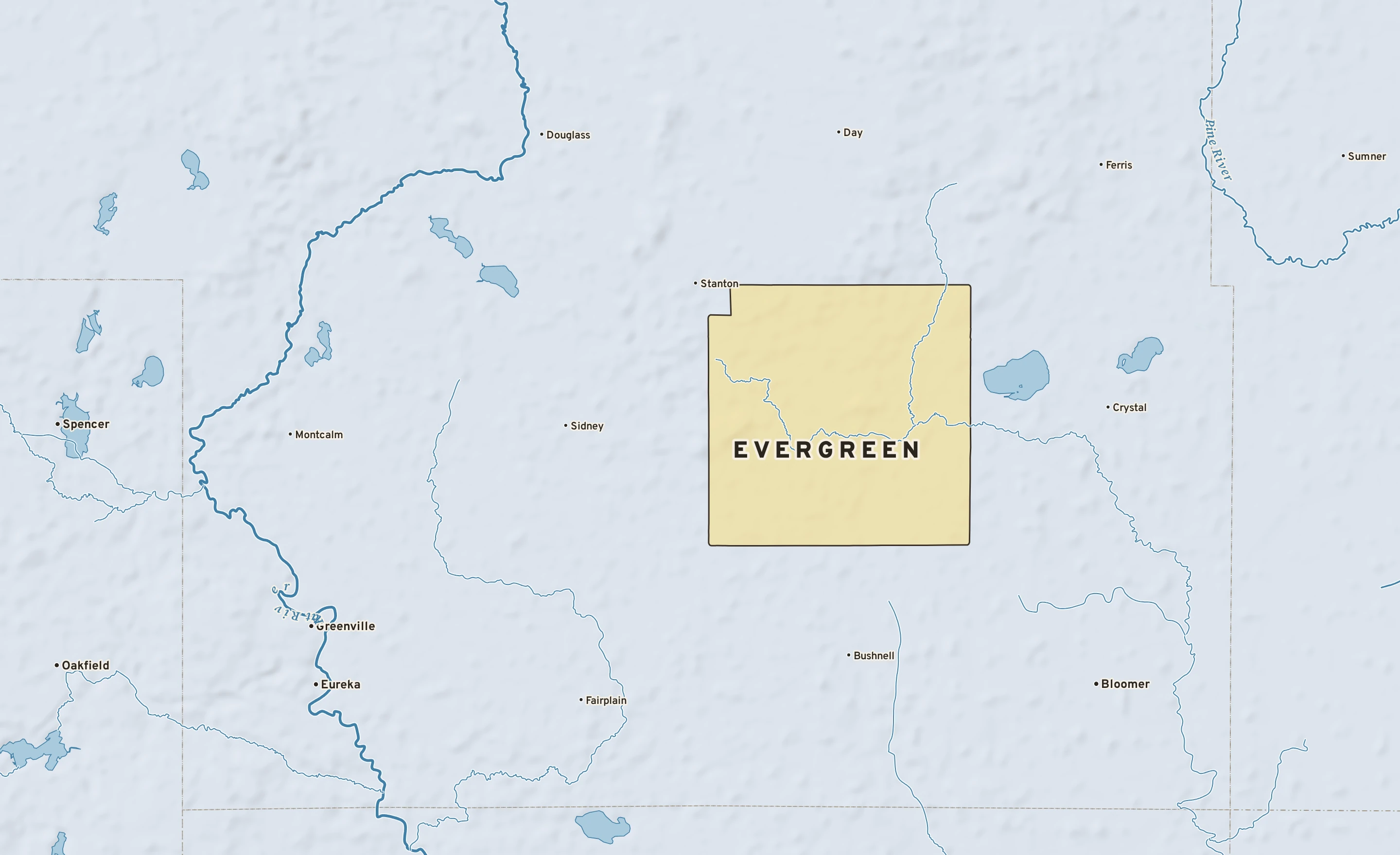Shaded-relief atlas plate of Evergreen, Michigan: rivers, roads, the city limits and where the water drains.