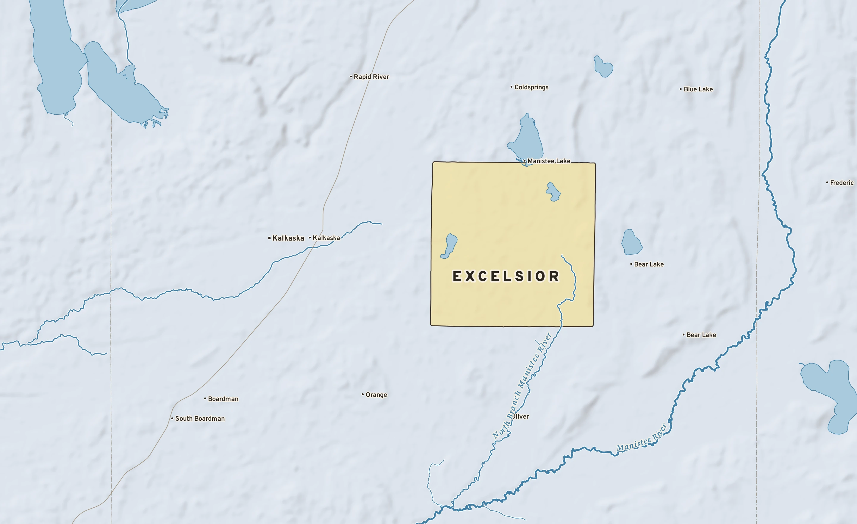 Shaded-relief atlas plate of Excelsior, Michigan: rivers, roads, the city limits and where the water drains.