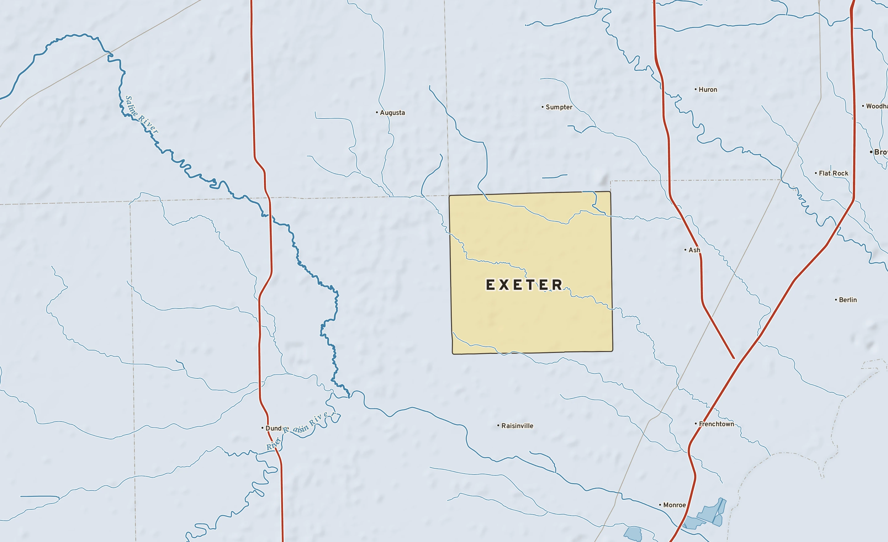 Shaded-relief atlas plate of Exeter, Michigan: rivers, roads, the city limits and where the water drains.