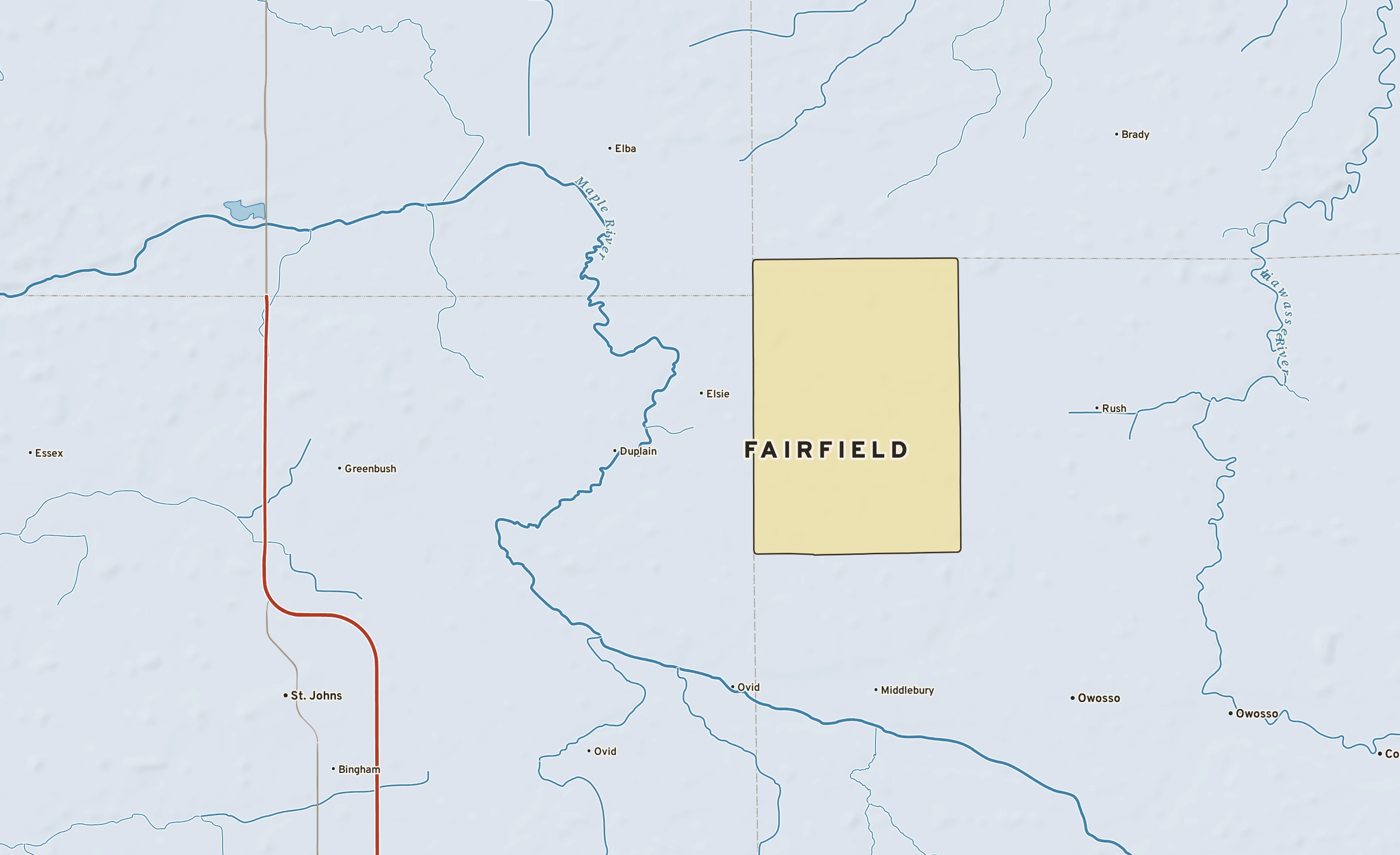 Shaded-relief atlas plate of Fairfield, Michigan: rivers, roads, the city limits and where the water drains.