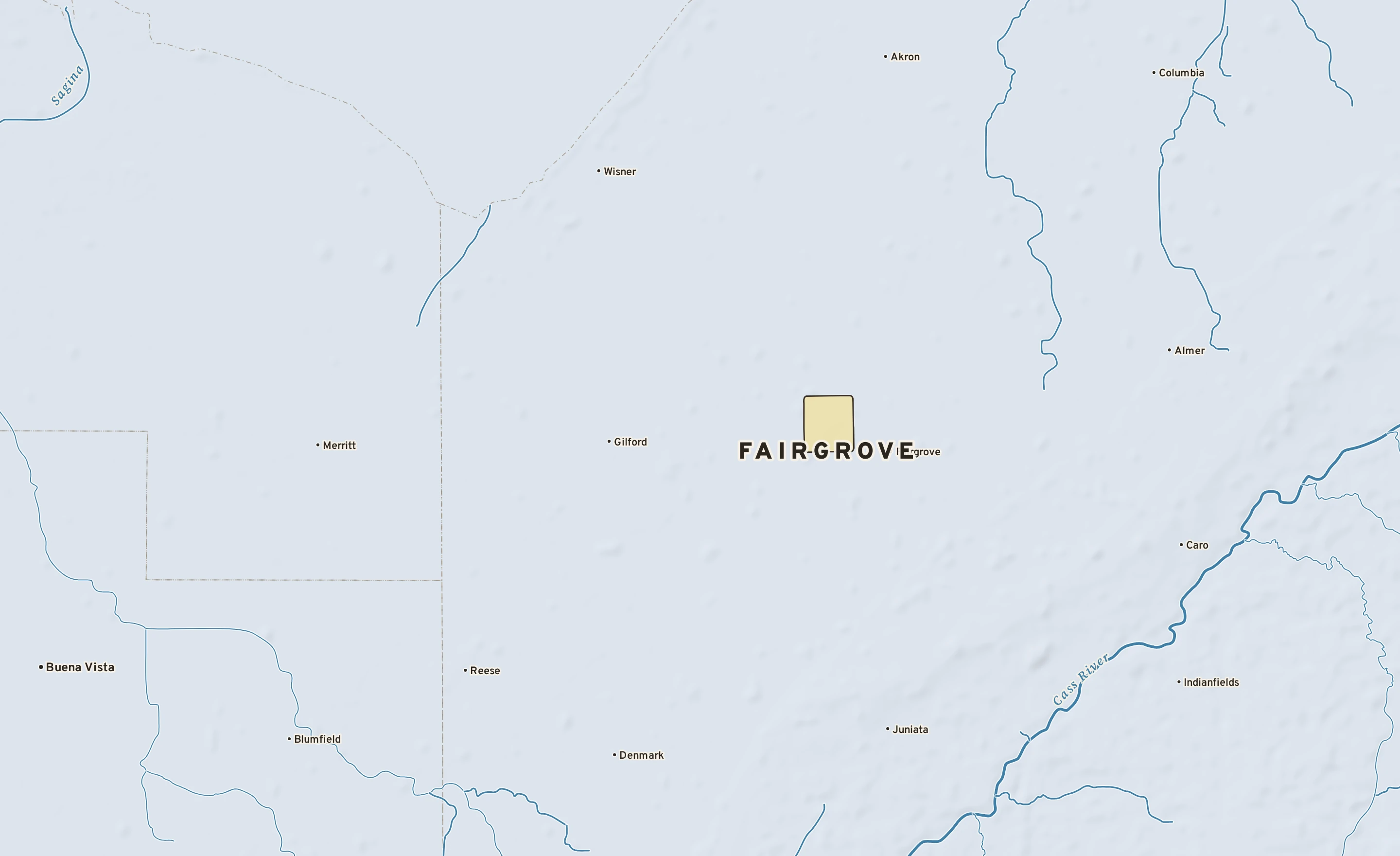 Shaded-relief atlas plate of Fairgrove, Michigan: rivers, roads, the city limits and where the water drains.