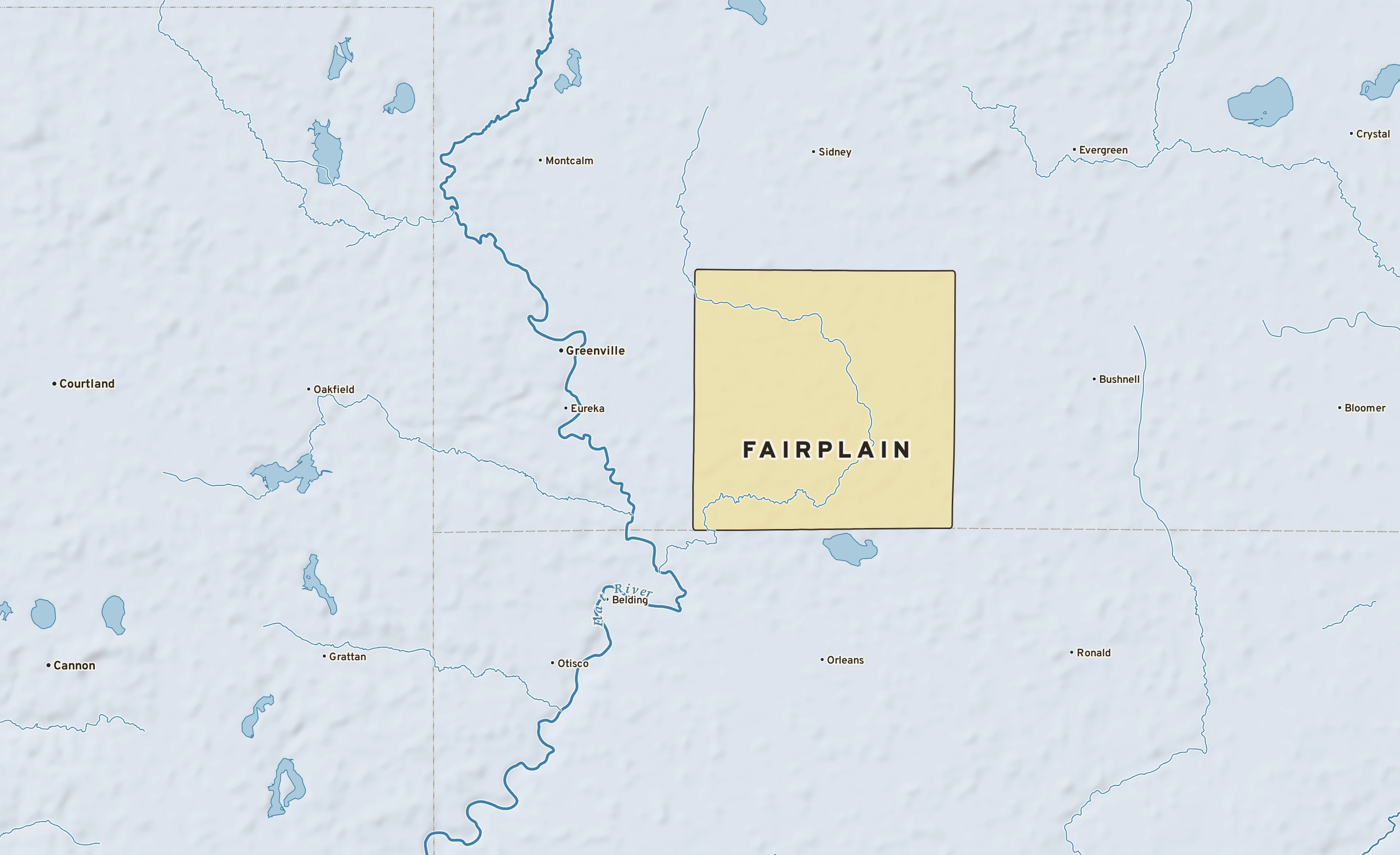 Shaded-relief atlas plate of Fairplain, Michigan: rivers, roads, the city limits and where the water drains.