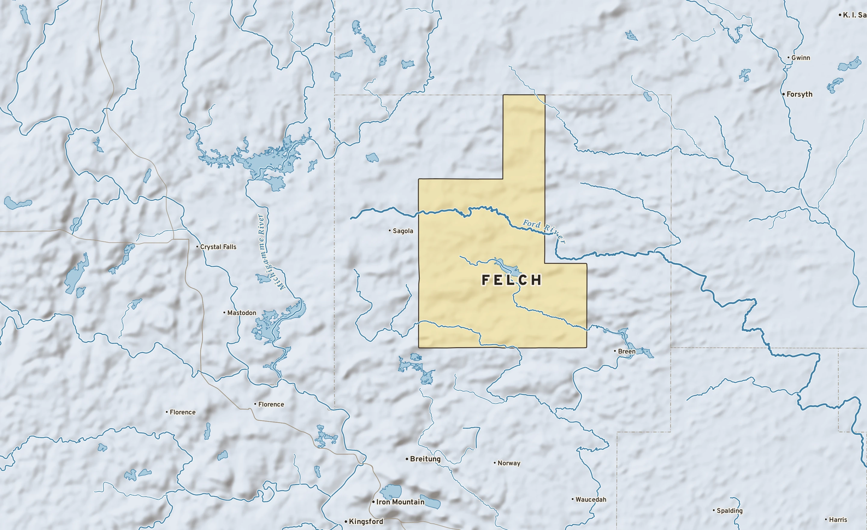 Shaded-relief atlas plate of Felch, Michigan: rivers, roads, the city limits and where the water drains.