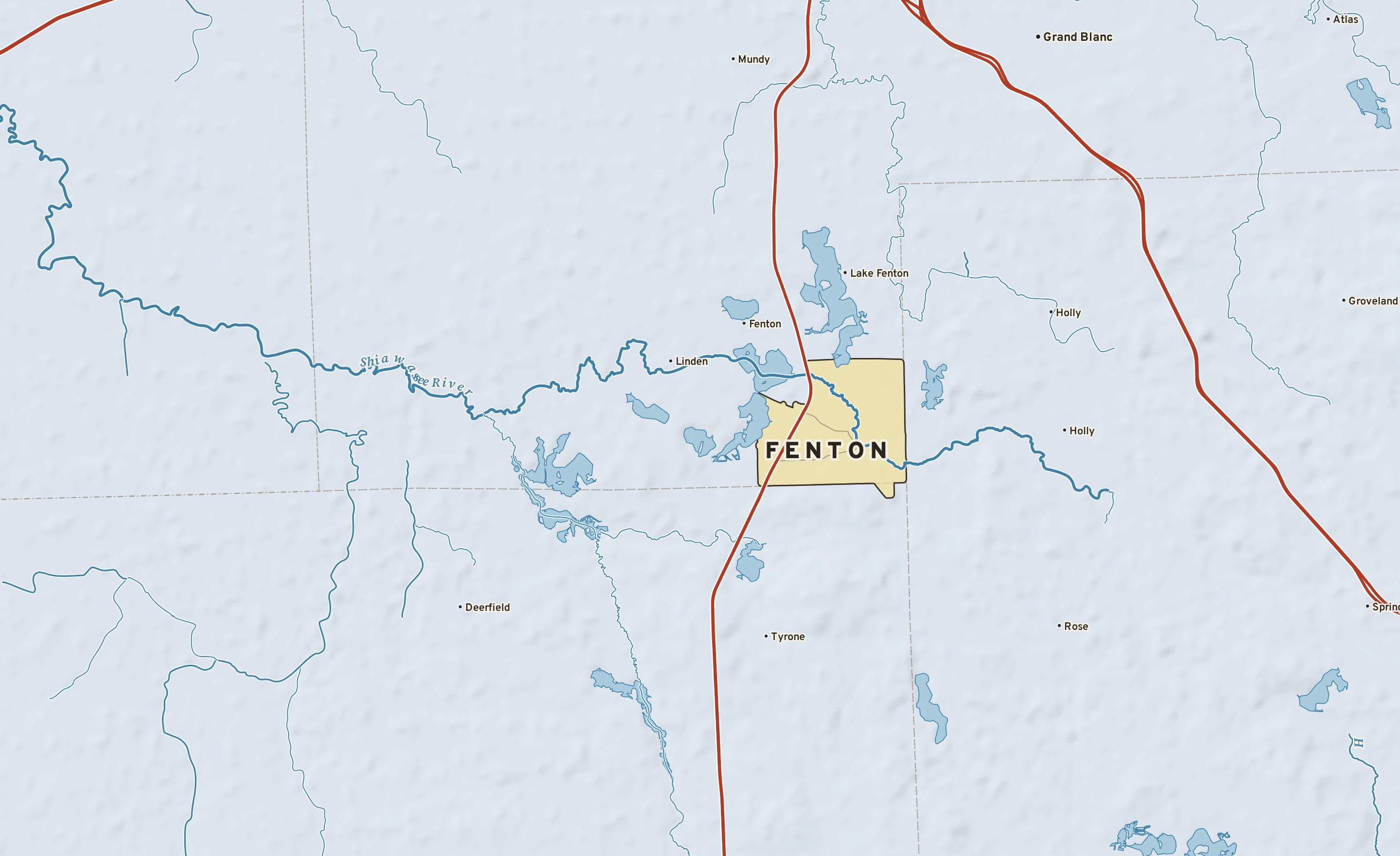 Shaded-relief atlas plate of Fenton, Michigan: rivers, roads, the city limits and where the water drains.