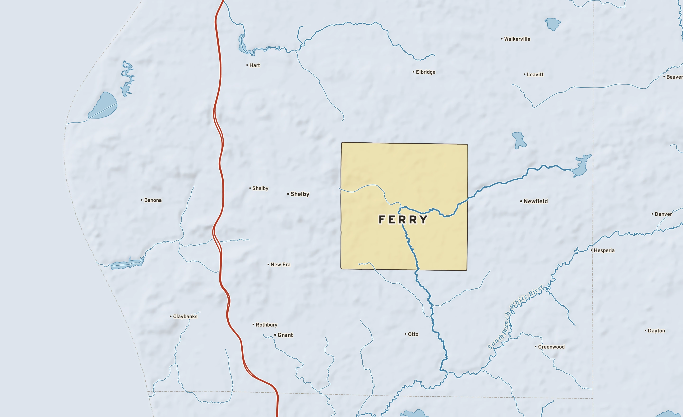 Shaded-relief atlas plate of Ferry, Michigan: rivers, roads, the city limits and where the water drains.