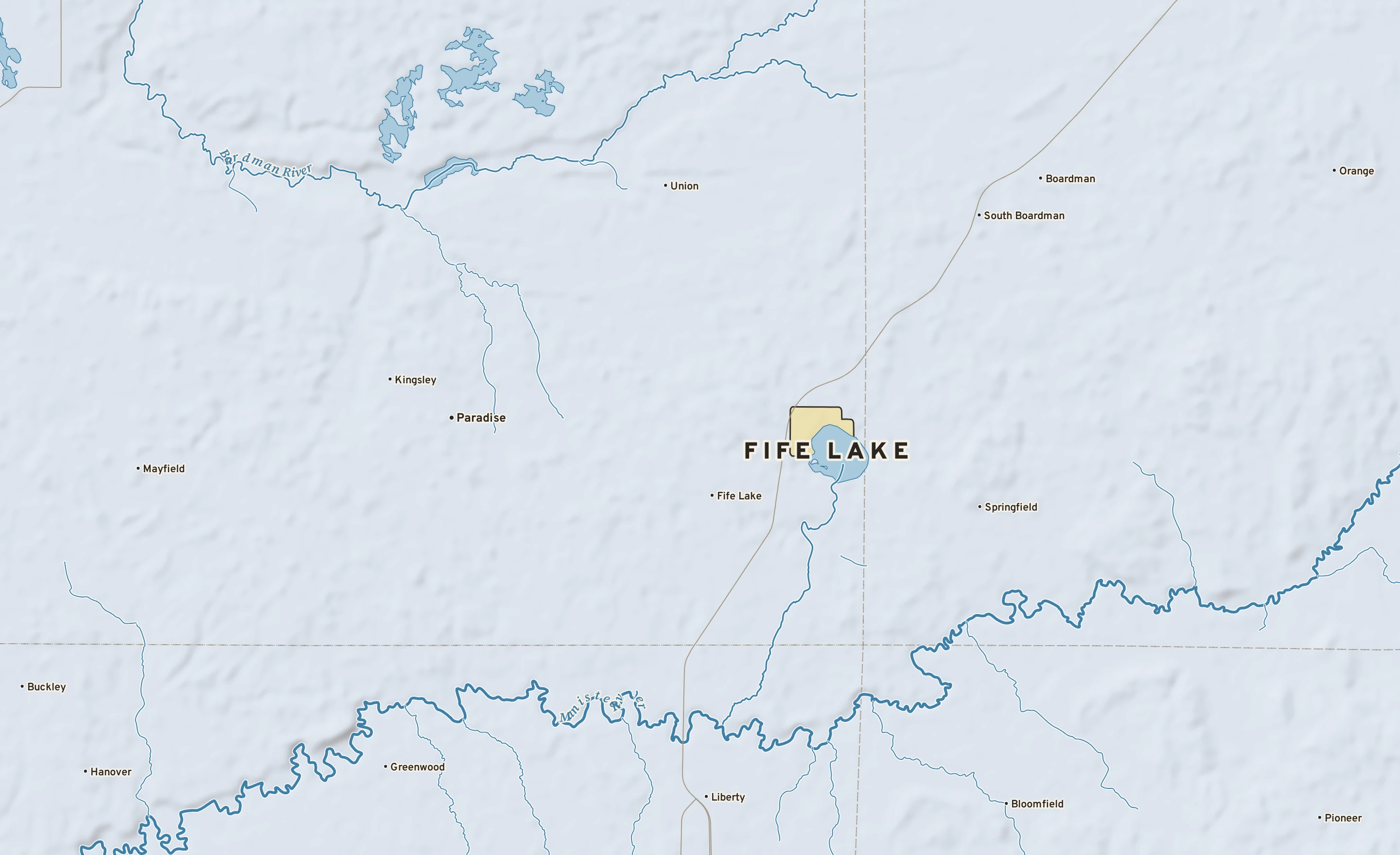 Shaded-relief atlas plate of Fife Lake, Michigan: rivers, roads, the city limits and where the water drains.