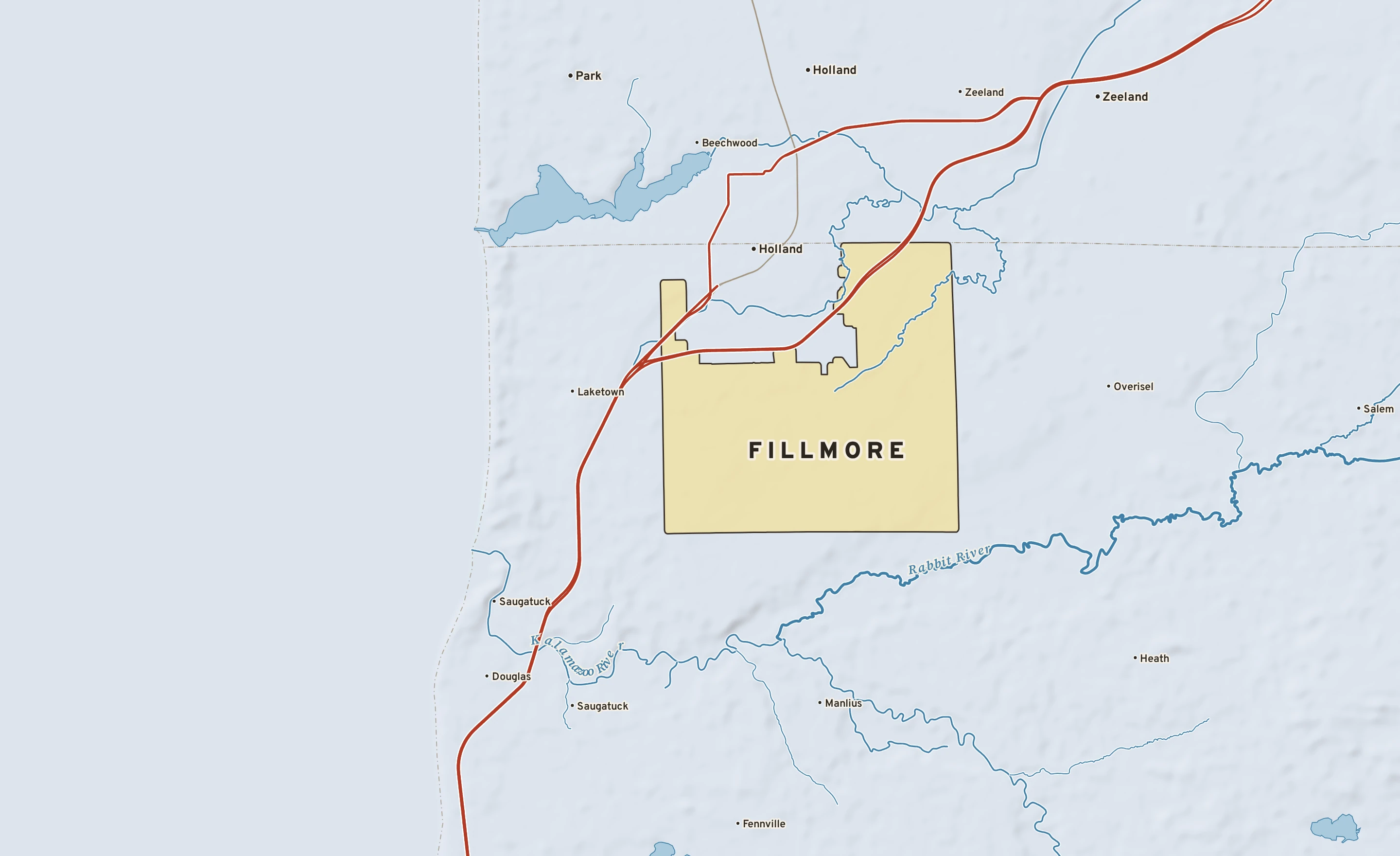 Shaded-relief atlas plate of Fillmore, Michigan: rivers, roads, the city limits and where the water drains.