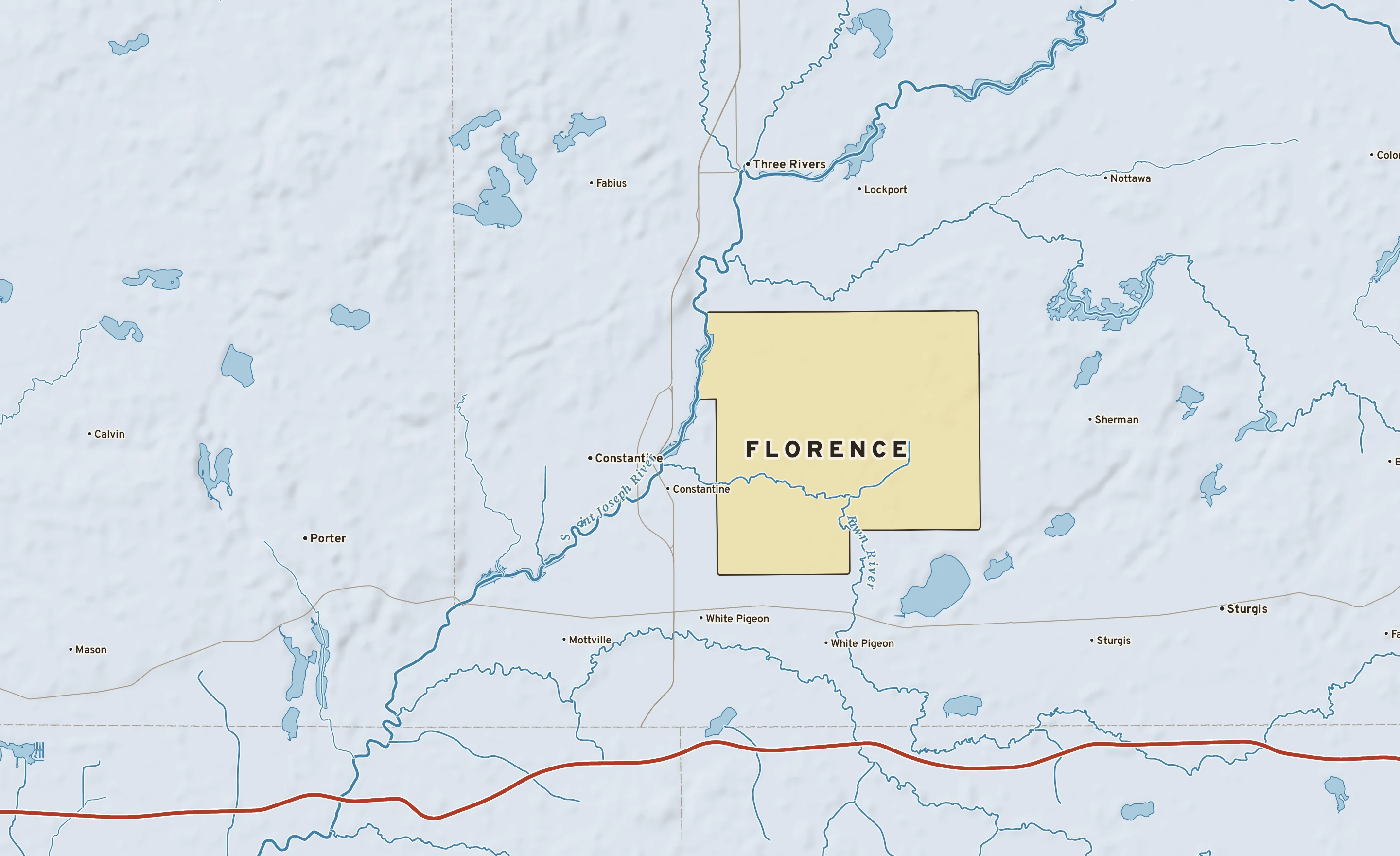 Shaded-relief atlas plate of Florence, Michigan: rivers, roads, the city limits and where the water drains.