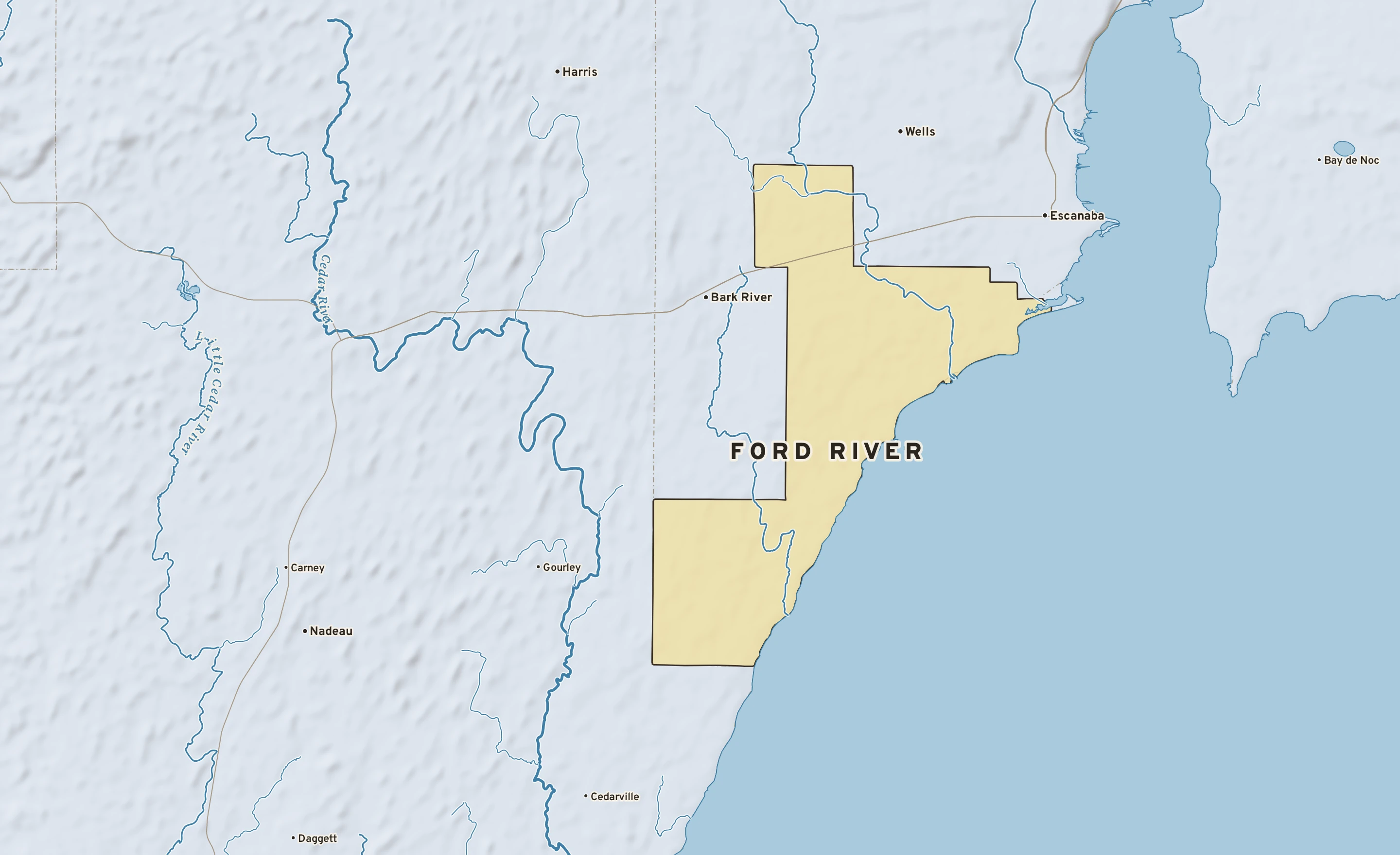 Shaded-relief atlas plate of Ford River, Michigan: rivers, roads, the city limits and where the water drains.