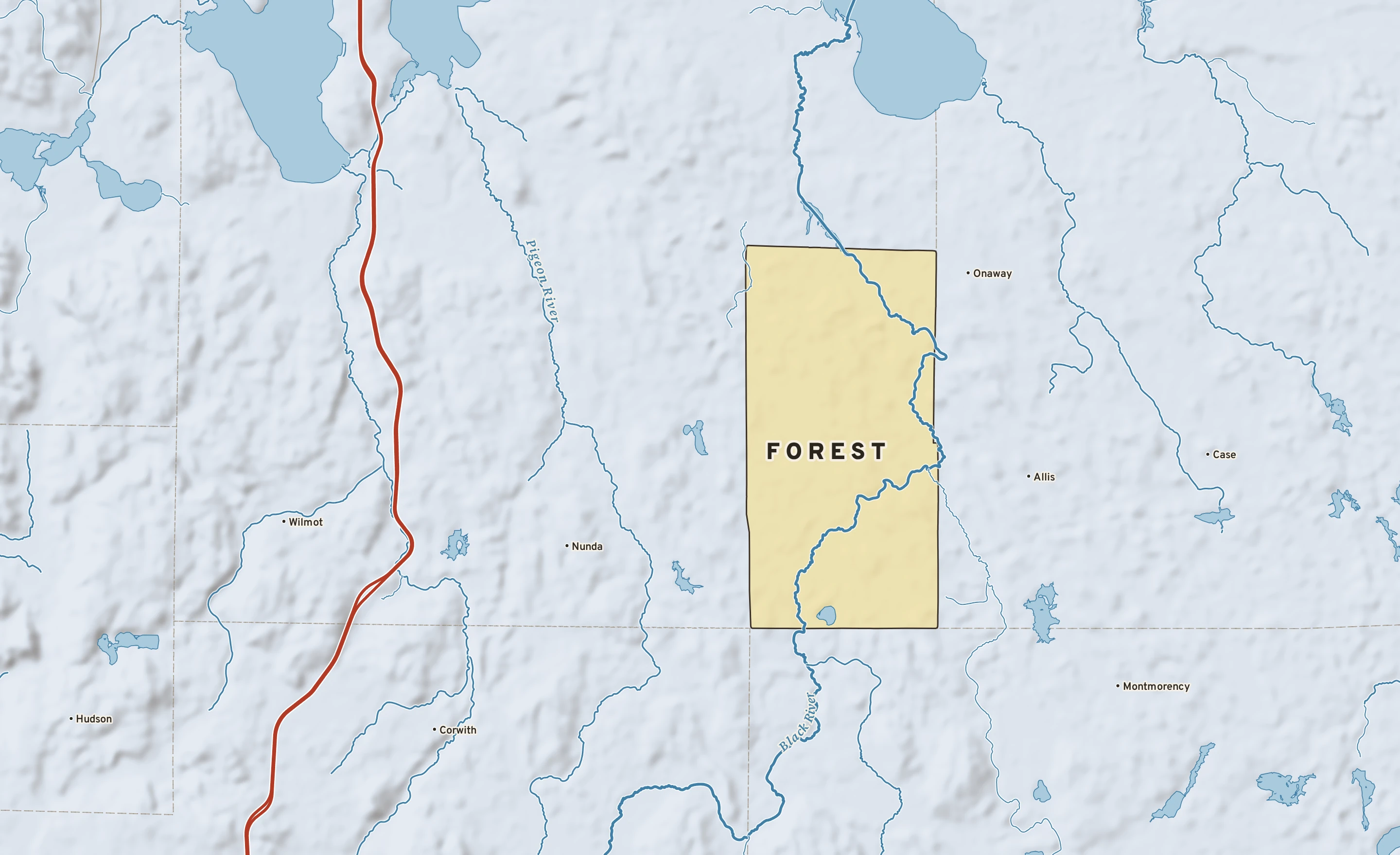 Shaded-relief atlas plate of Forest, Michigan: rivers, roads, the city limits and where the water drains.