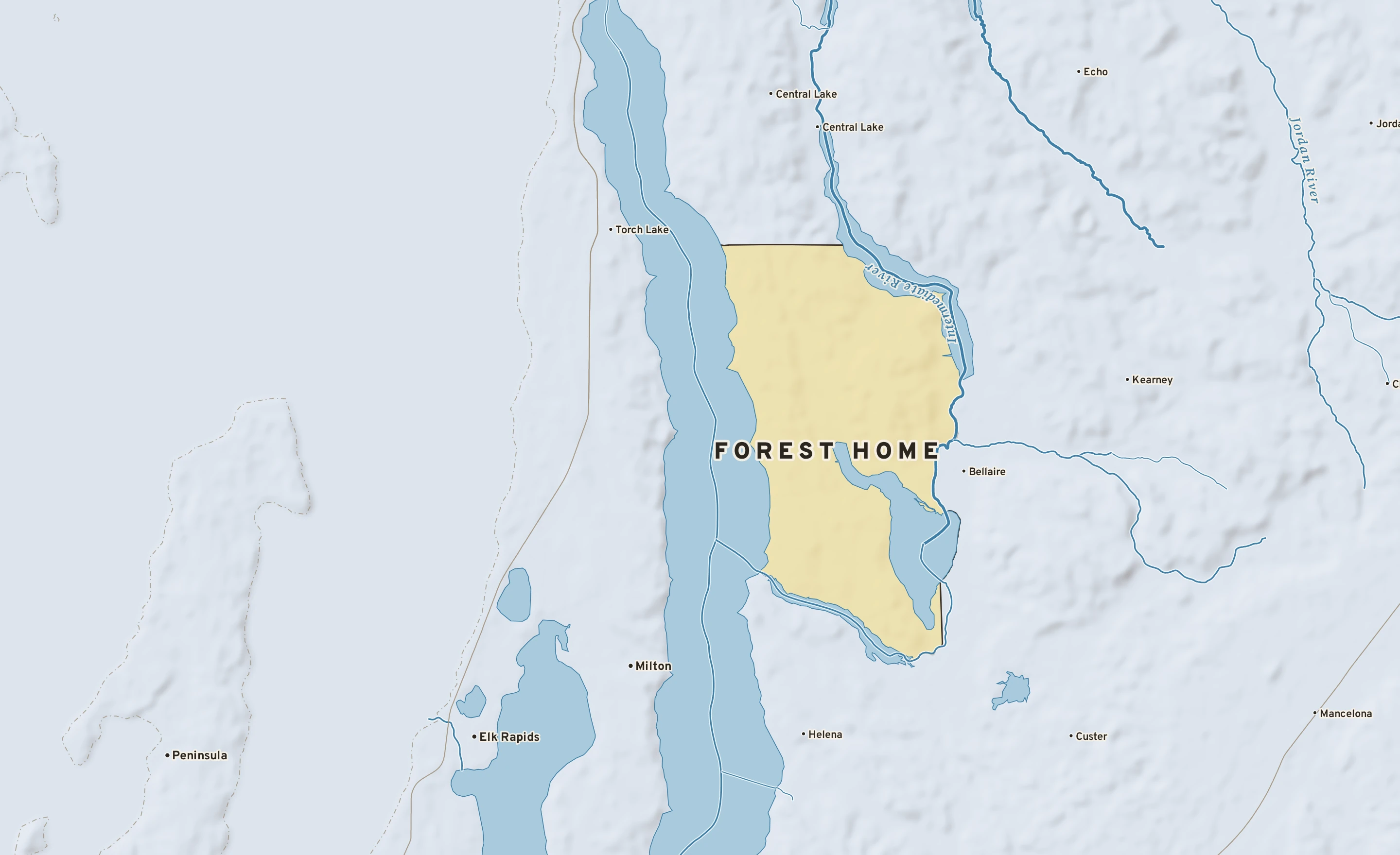 Shaded-relief atlas plate of Forest Home, Michigan: rivers, roads, the city limits and where the water drains.