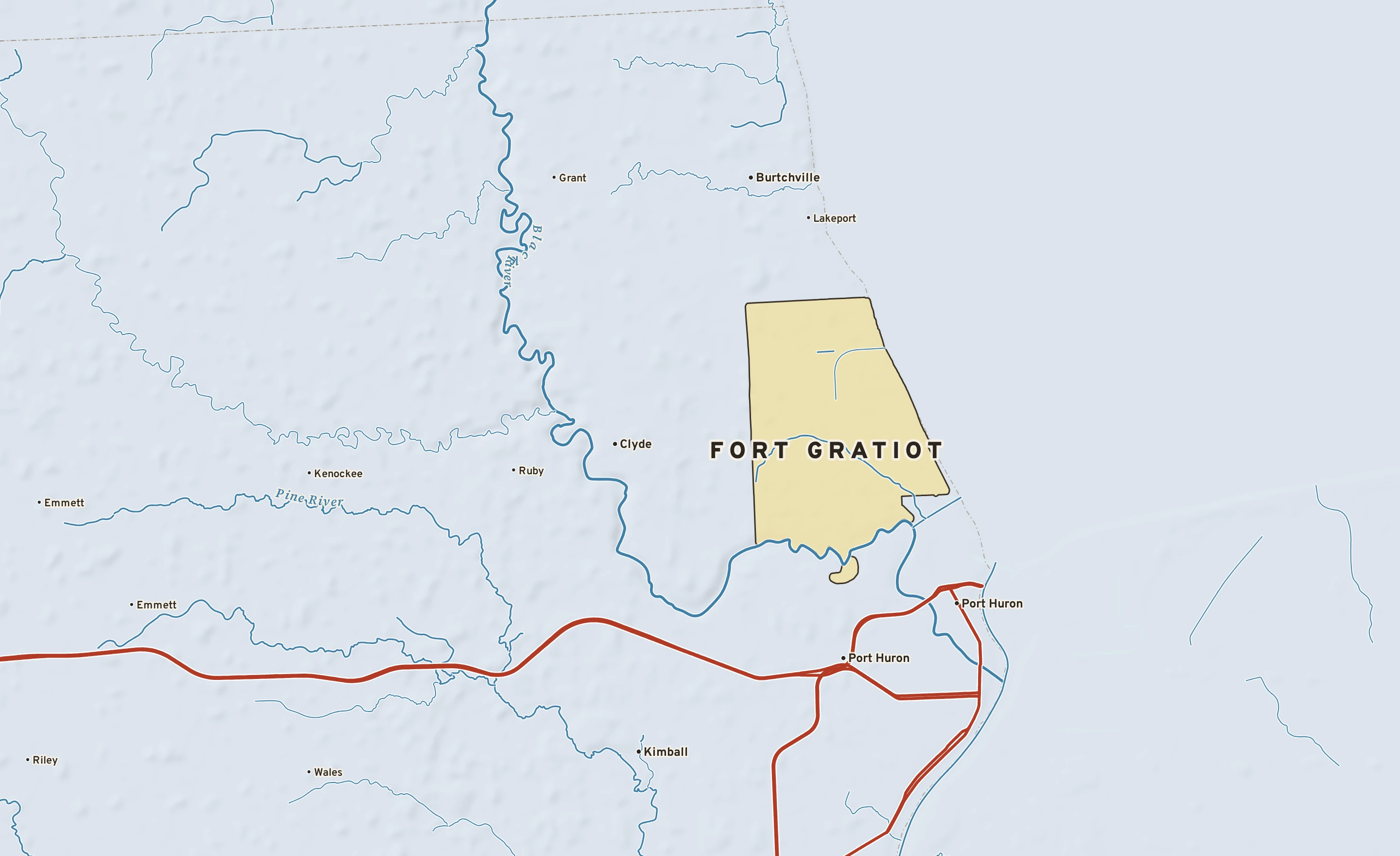 Shaded-relief atlas plate of Fort Gratiot, Michigan: rivers, roads, the city limits and where the water drains.