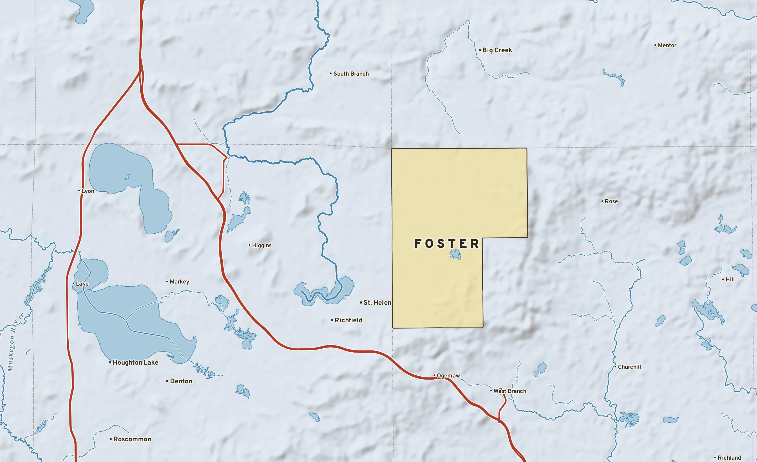 Shaded-relief atlas plate of Foster, Michigan: rivers, roads, the city limits and where the water drains.