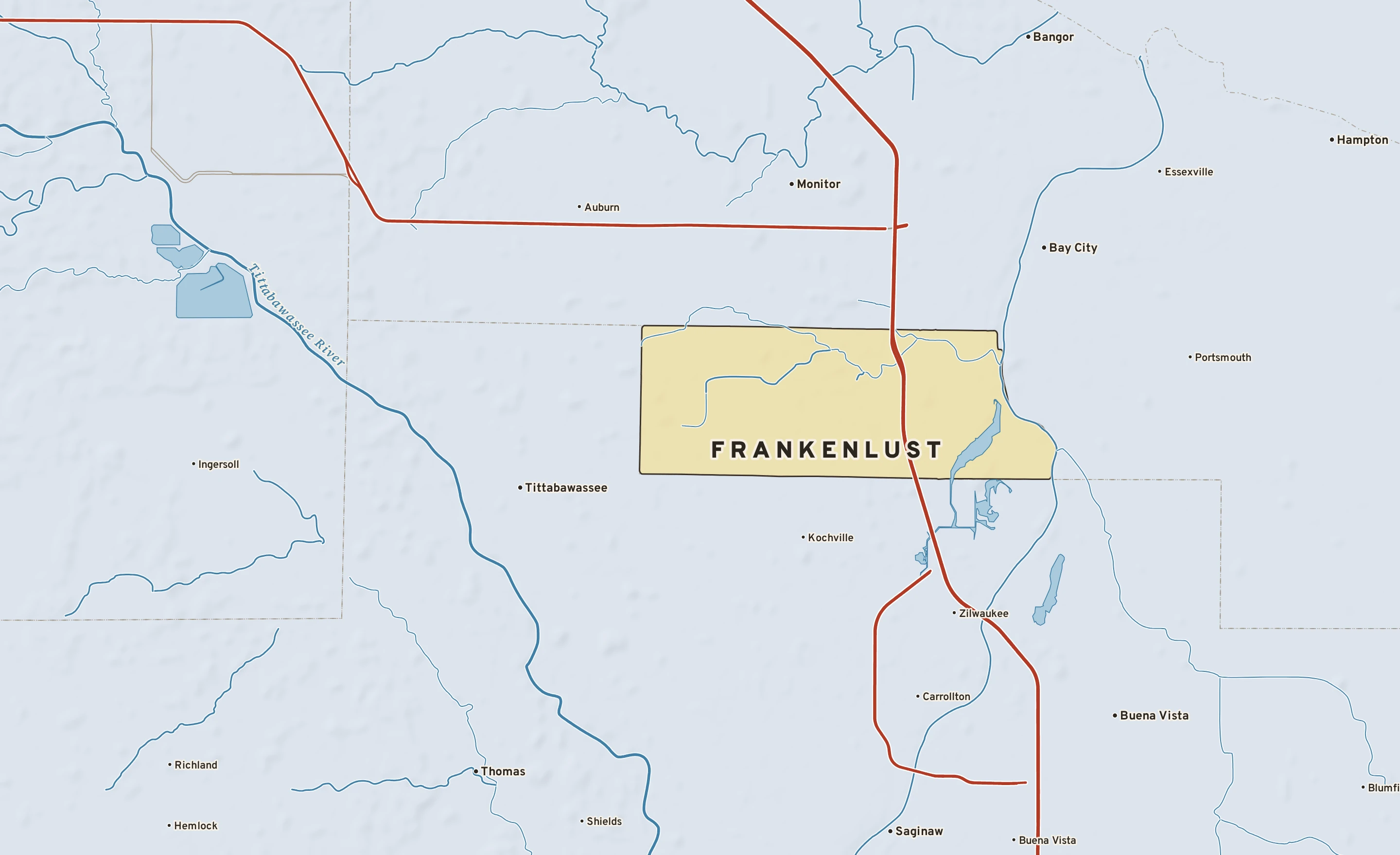 Shaded-relief atlas plate of Frankenlust, Michigan: rivers, roads, the city limits and where the water drains.