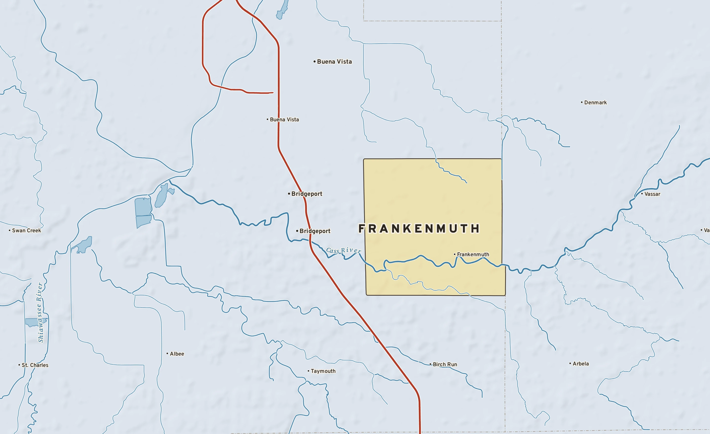 Shaded-relief atlas plate of Frankenmuth, Michigan: rivers, roads, the city limits and where the water drains.