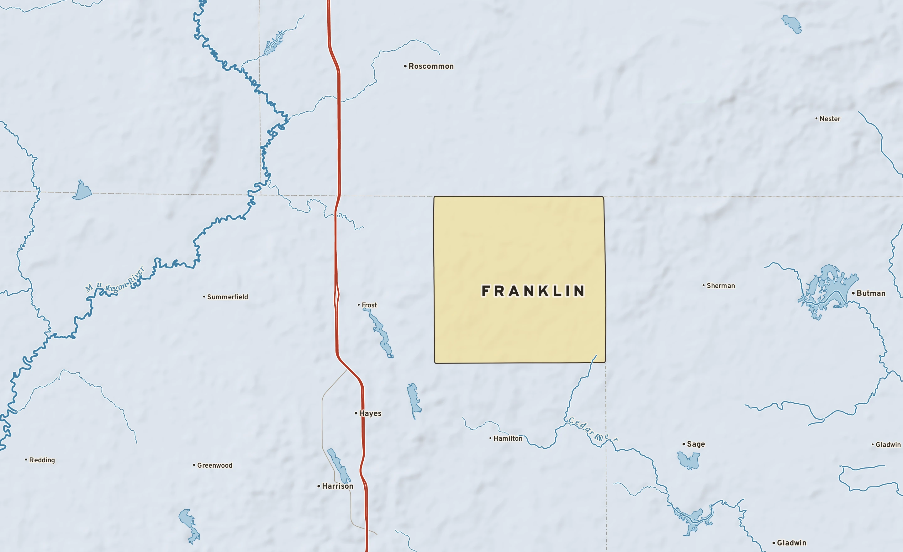 Shaded-relief atlas plate of Franklin, Michigan: rivers, roads, the city limits and where the water drains.