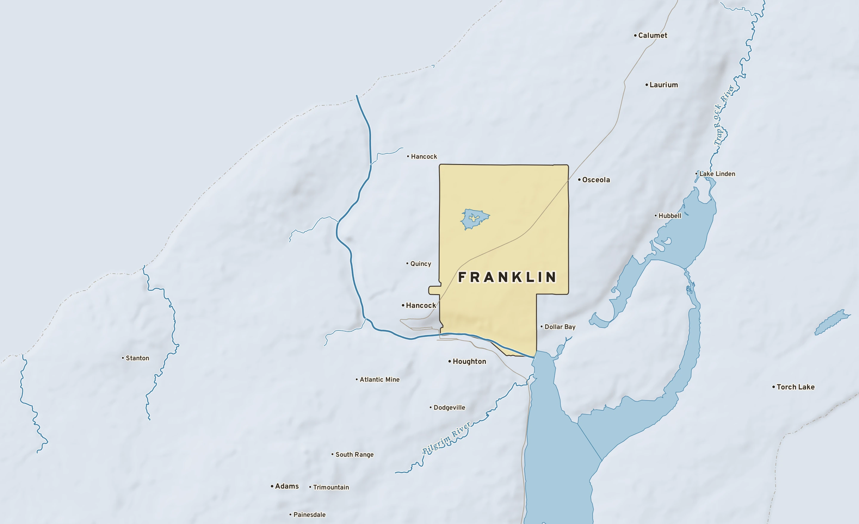 Shaded-relief atlas plate of Franklin, Michigan: rivers, roads, the city limits and where the water drains.