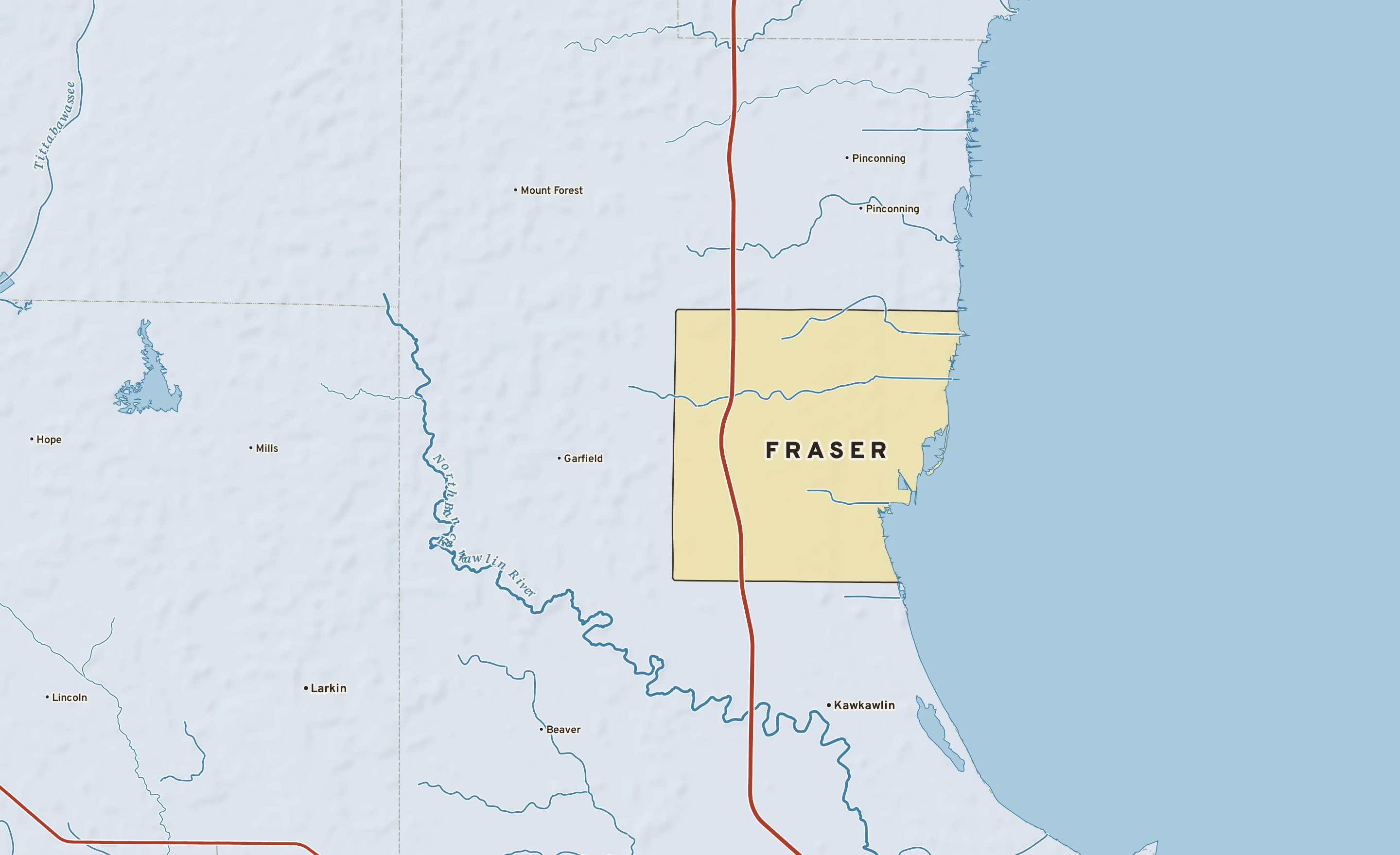 Shaded-relief atlas plate of Fraser, Michigan: rivers, roads, the city limits and where the water drains.