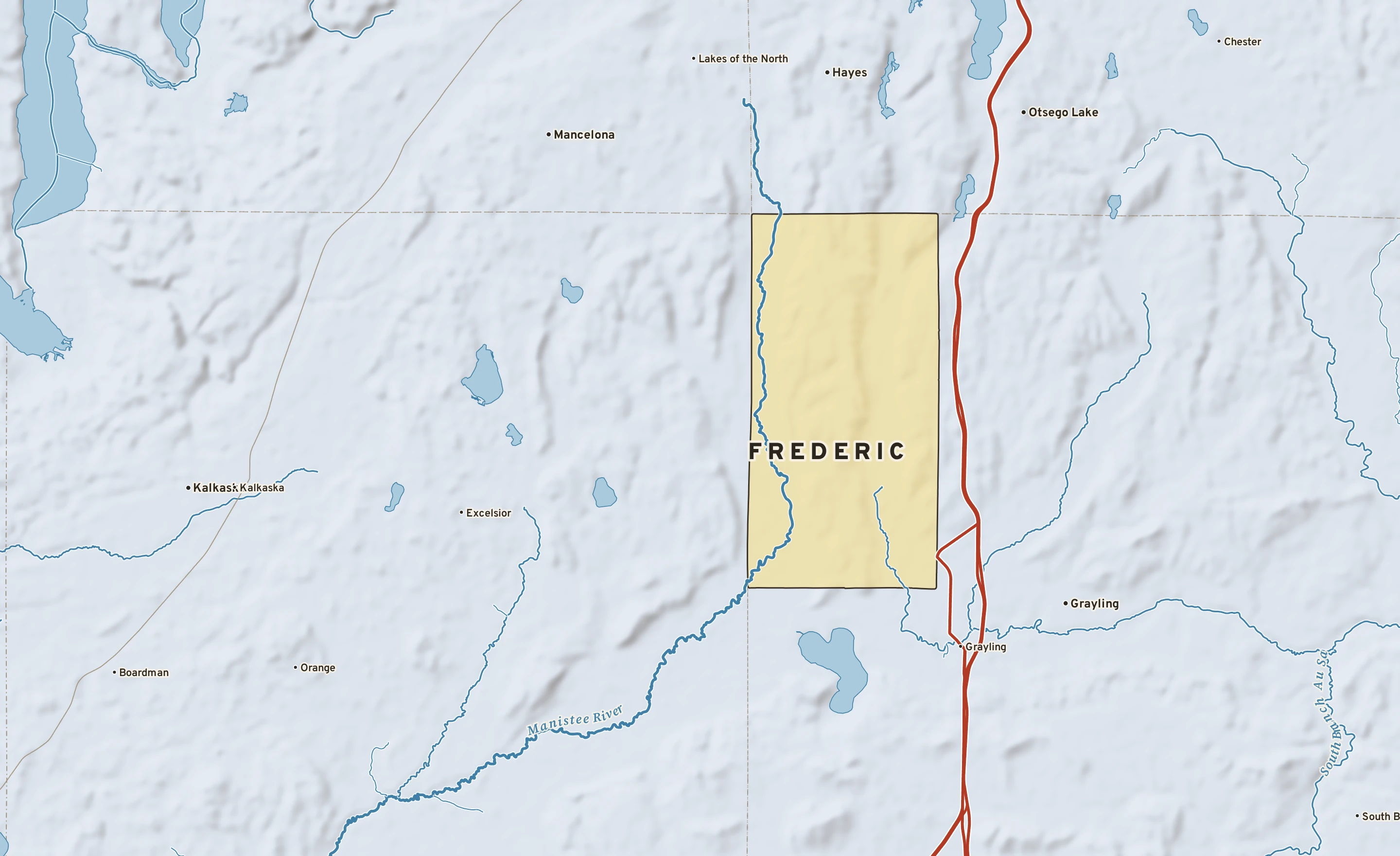 Shaded-relief atlas plate of Frederic, Michigan: rivers, roads, the city limits and where the water drains.