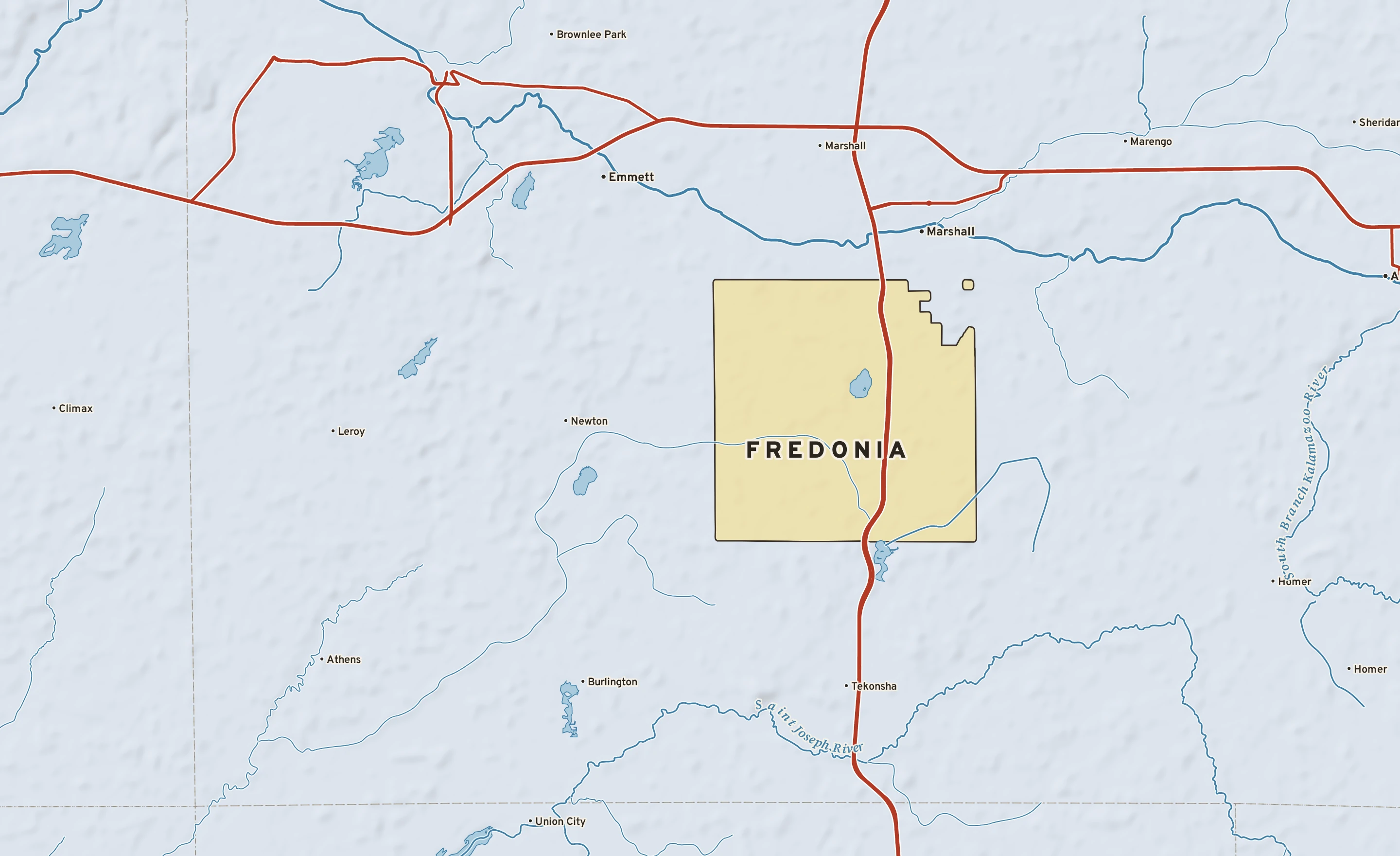 Shaded-relief atlas plate of Fredonia, Michigan: rivers, roads, the city limits and where the water drains.
