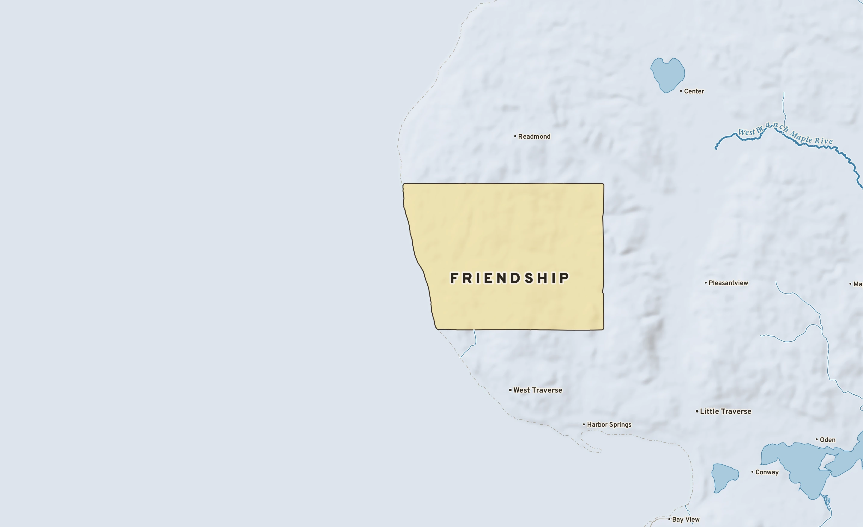 Shaded-relief atlas plate of Friendship, Michigan: rivers, roads, the city limits and where the water drains.