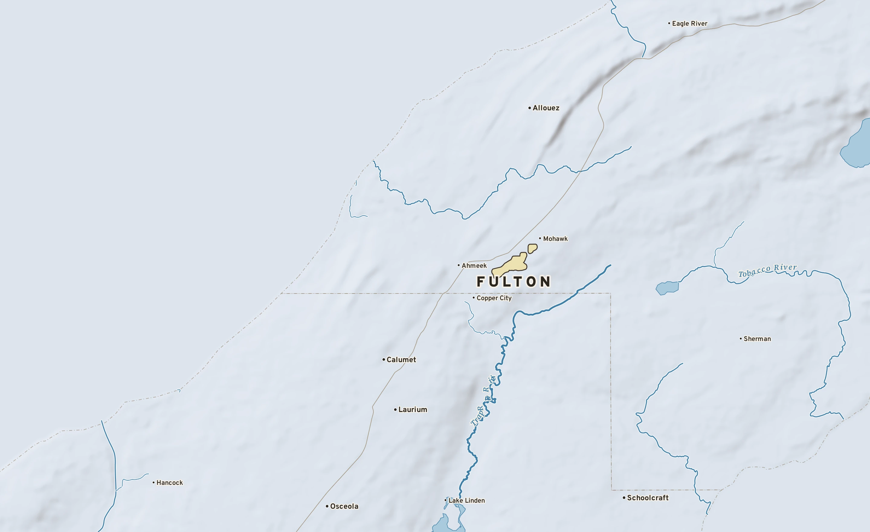 Shaded-relief atlas plate of Fulton, Michigan: rivers, roads, the city limits and where the water drains.