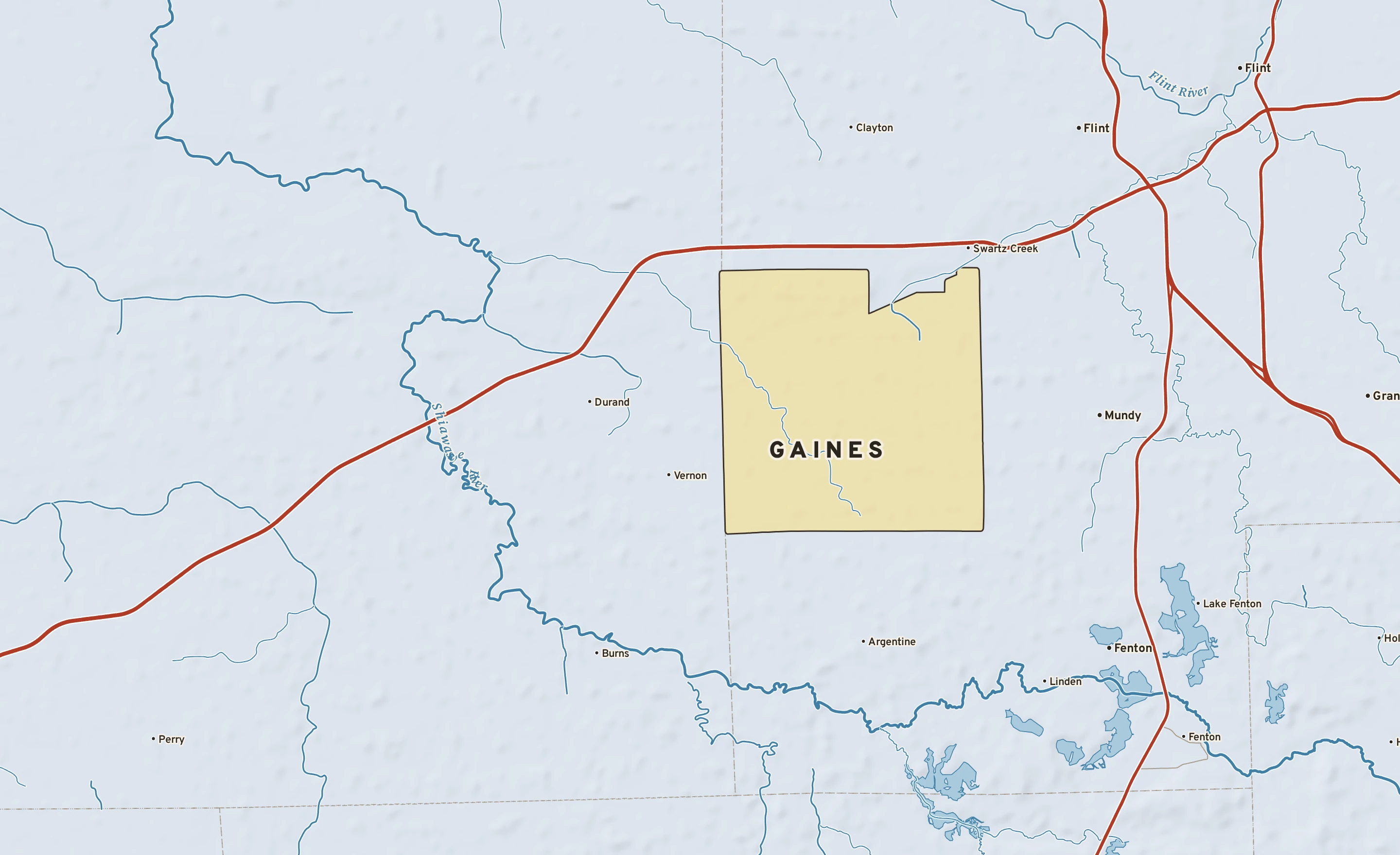 Shaded-relief atlas plate of Gaines, Michigan: rivers, roads, the city limits and where the water drains.