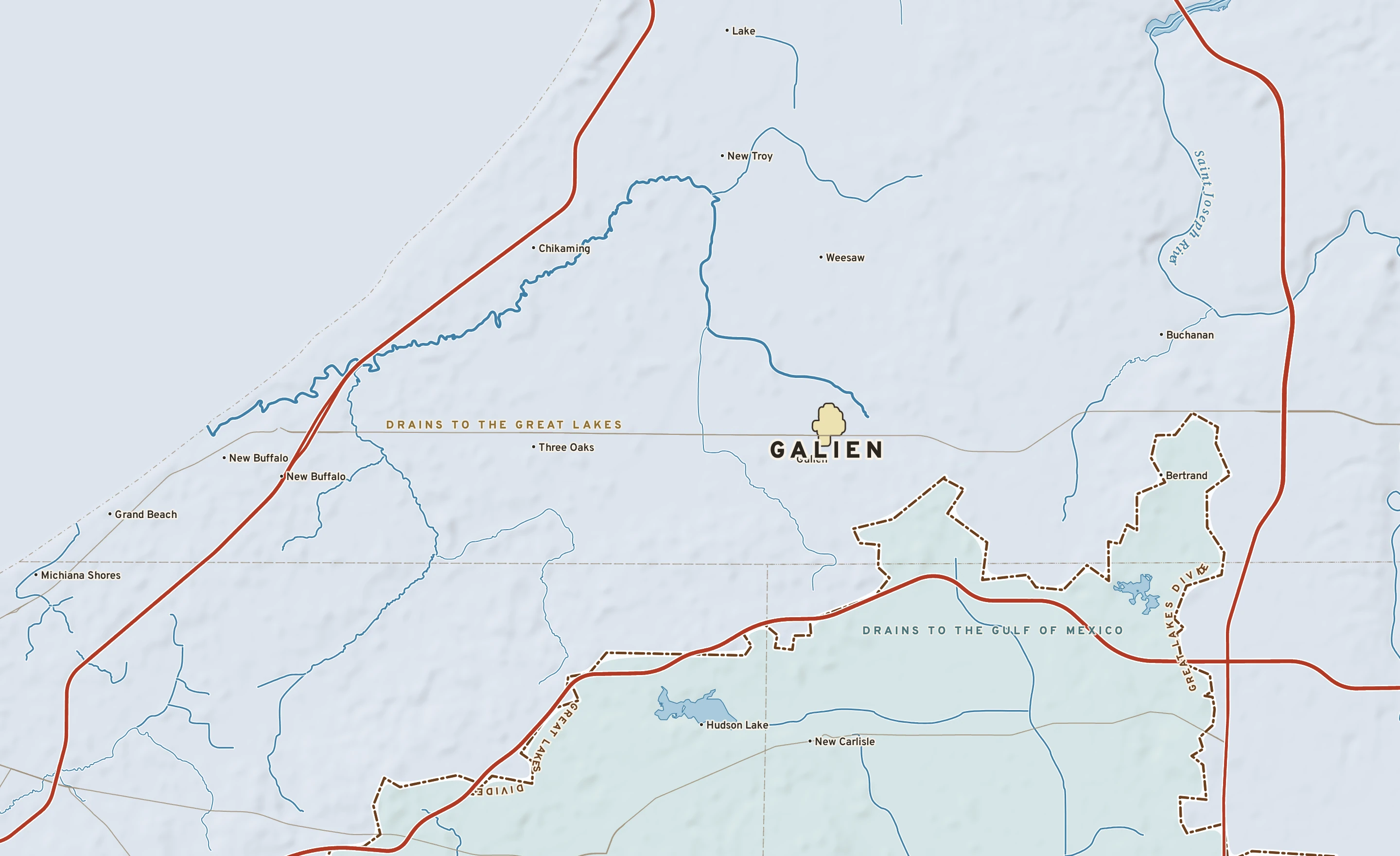 Shaded-relief atlas plate of Galien, Michigan: rivers, roads, the city limits and where the water drains.