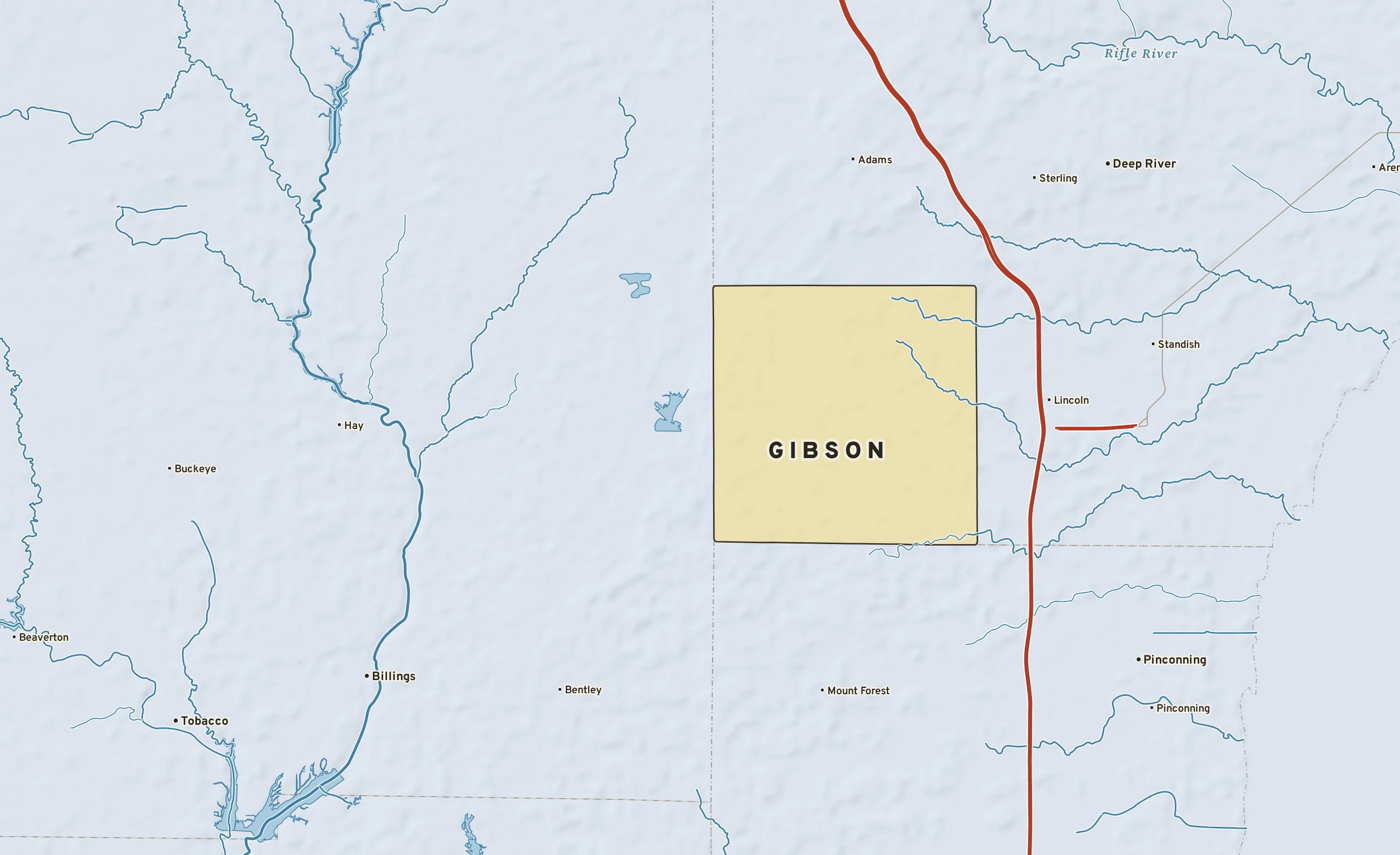 Shaded-relief atlas plate of Gibson, Michigan: rivers, roads, the city limits and where the water drains.