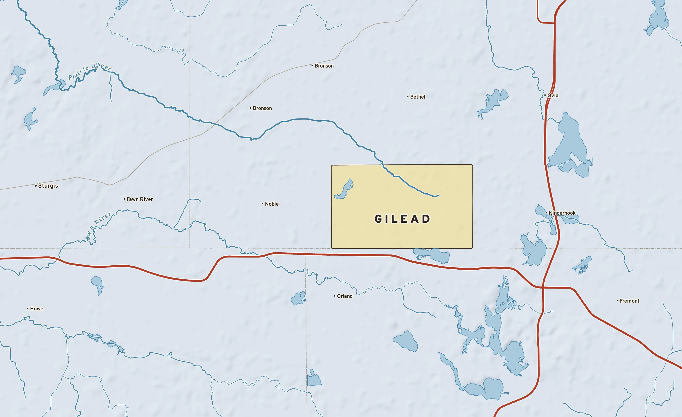 Shaded-relief atlas plate of Gilead, Michigan: rivers, roads, the city limits and where the water drains.